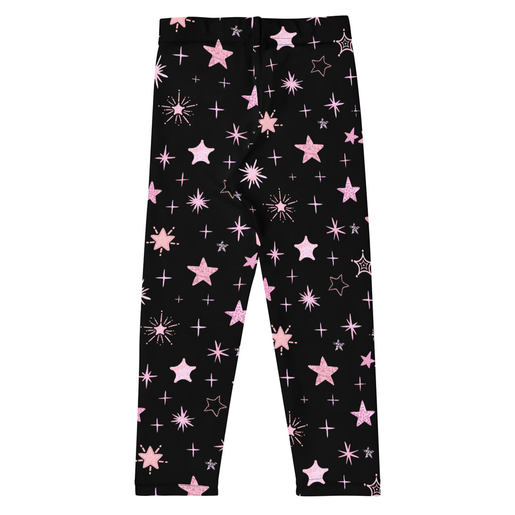 Girls black leggings with a playful pink glittery shooting stars and sparkles pattern perfect for casual wear