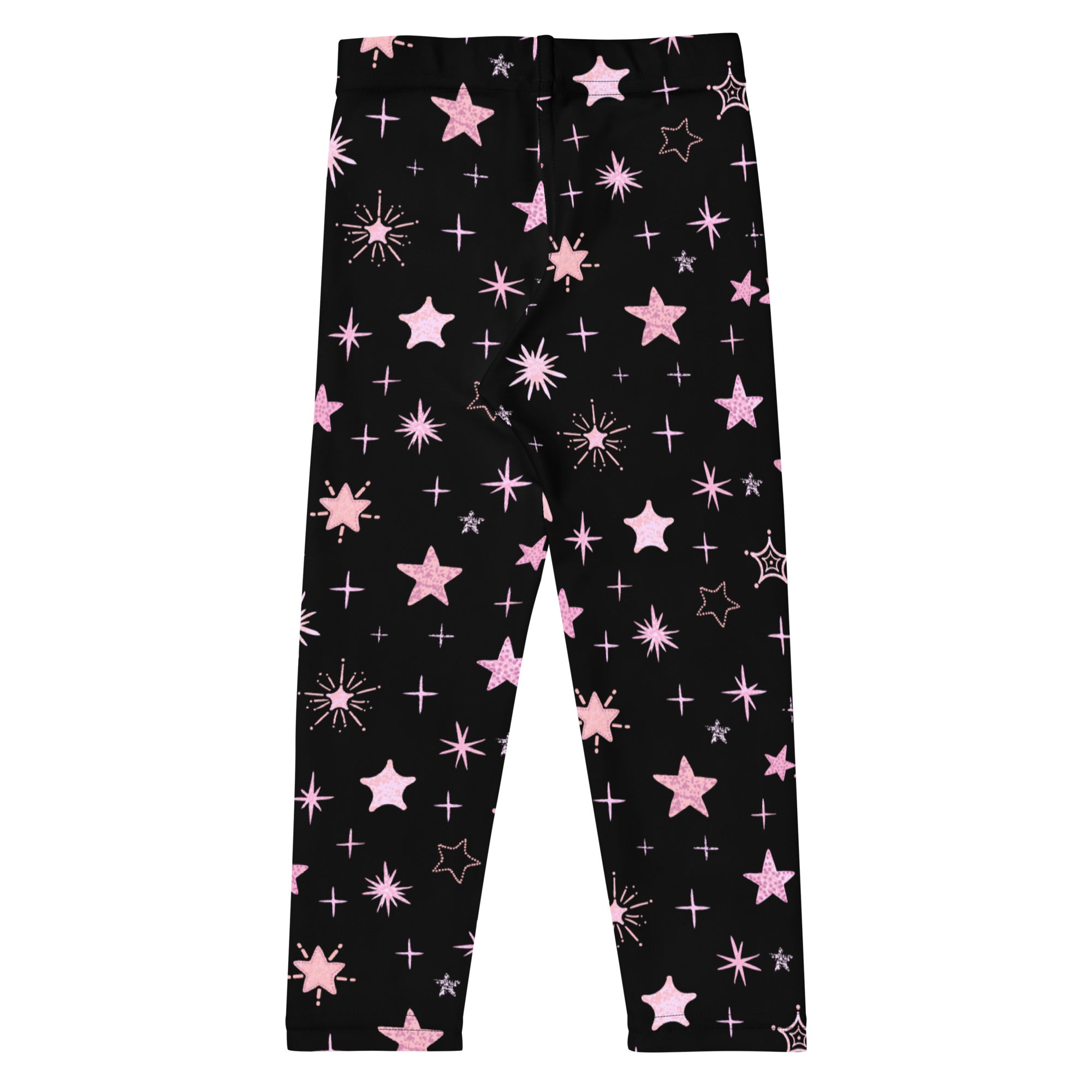 Girls black leggings with a playful pink glittery shooting stars and sparkles pattern perfect for casual wear