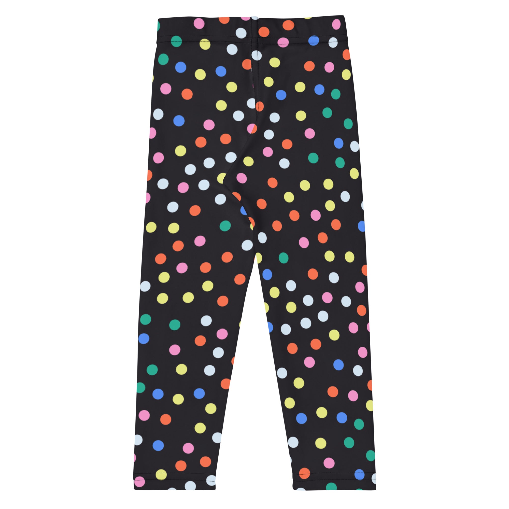 Girls confetti dots buttery soft black leggings with vibrant pink yellow blue green and white polka dot pattern