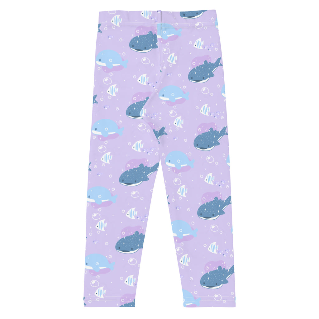Girls purple whale shark buttery soft leggings with playful blue whale and fish pattern and bubble details