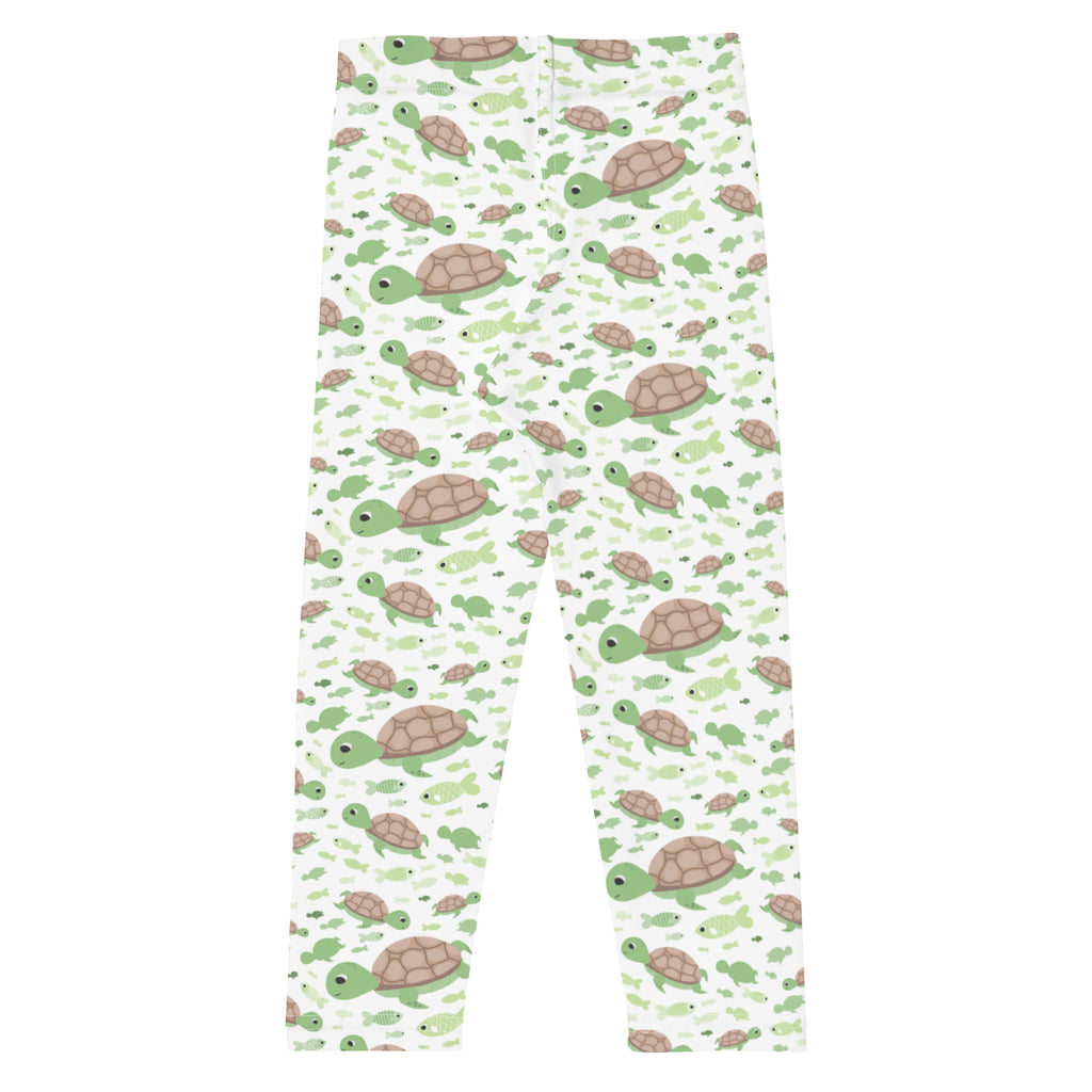Kids green sea turtles buttery soft white leggings with playful green and brown turtle and small fish pattern