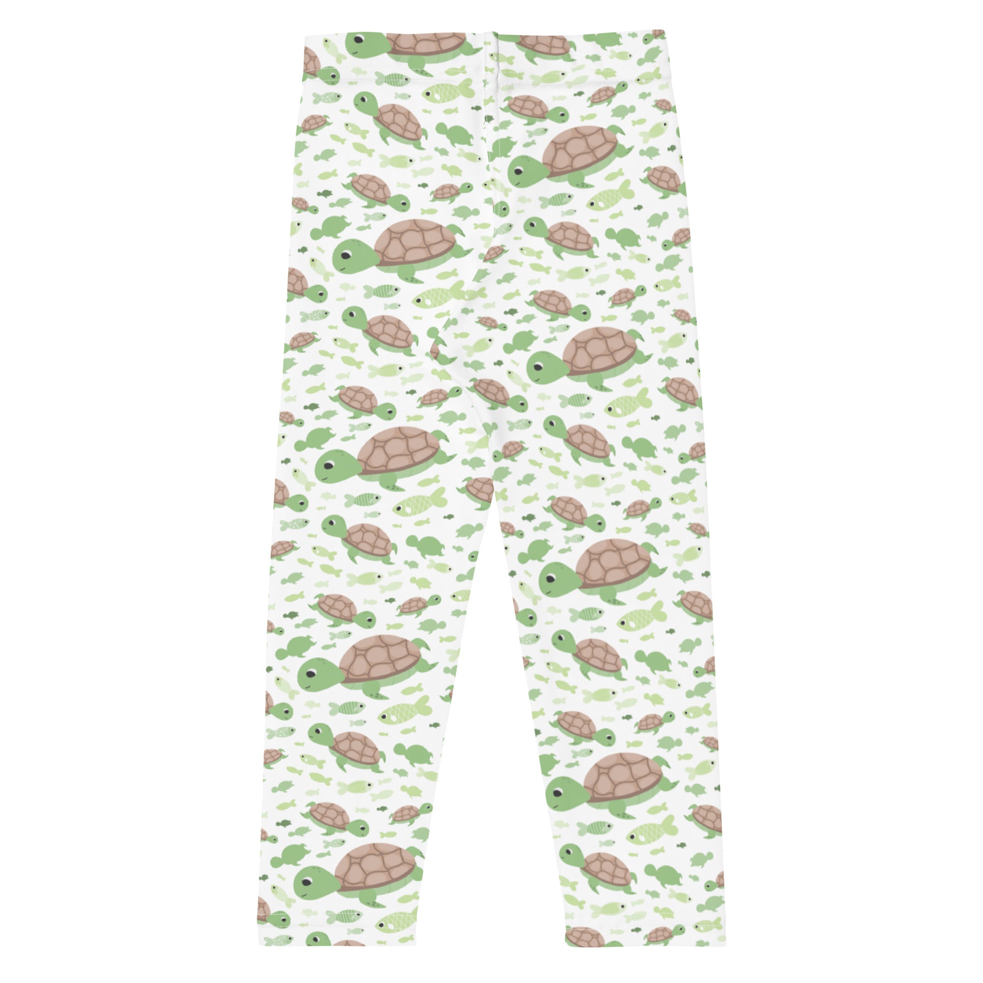 Kids green sea turtles buttery soft white leggings with playful green and brown turtle and small fish pattern