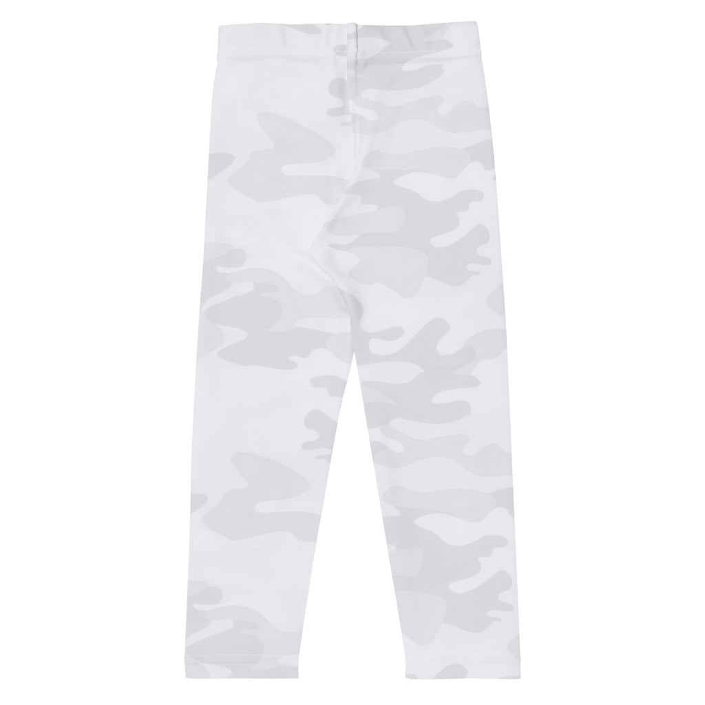 Kids white camouflage leggings made from buttery soft stretchy fabric for comfortable everyday wear