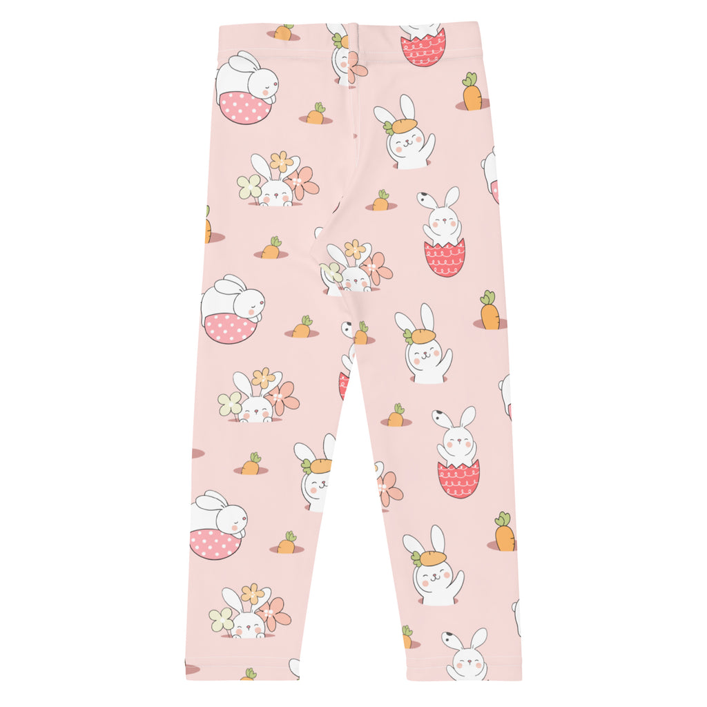 Kids easter bunny pattern buttery soft pink leggings with playful cartoon bunnies in easter-themed poses