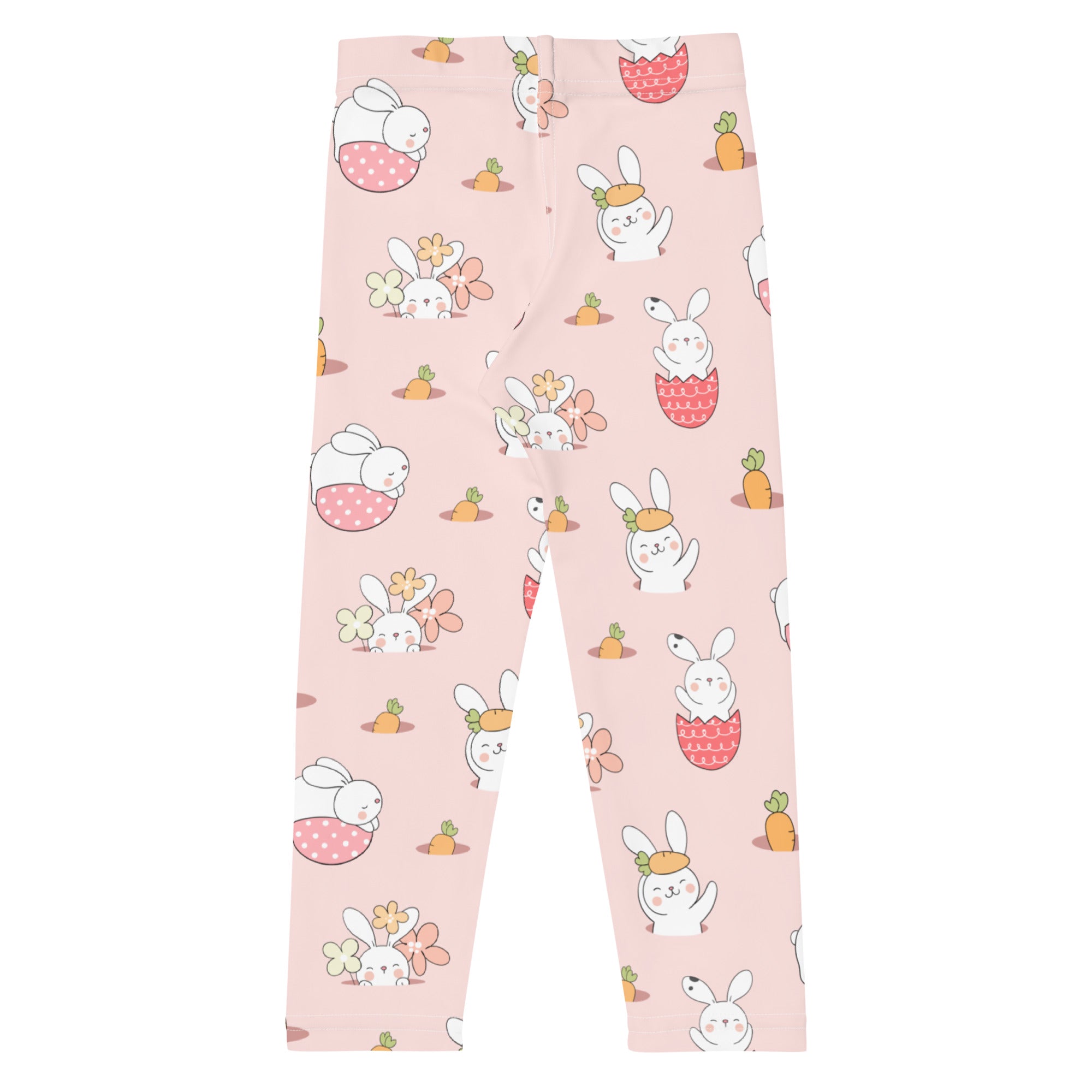 Kids easter bunny pattern buttery soft pink leggings with playful cartoon bunnies in easter-themed poses