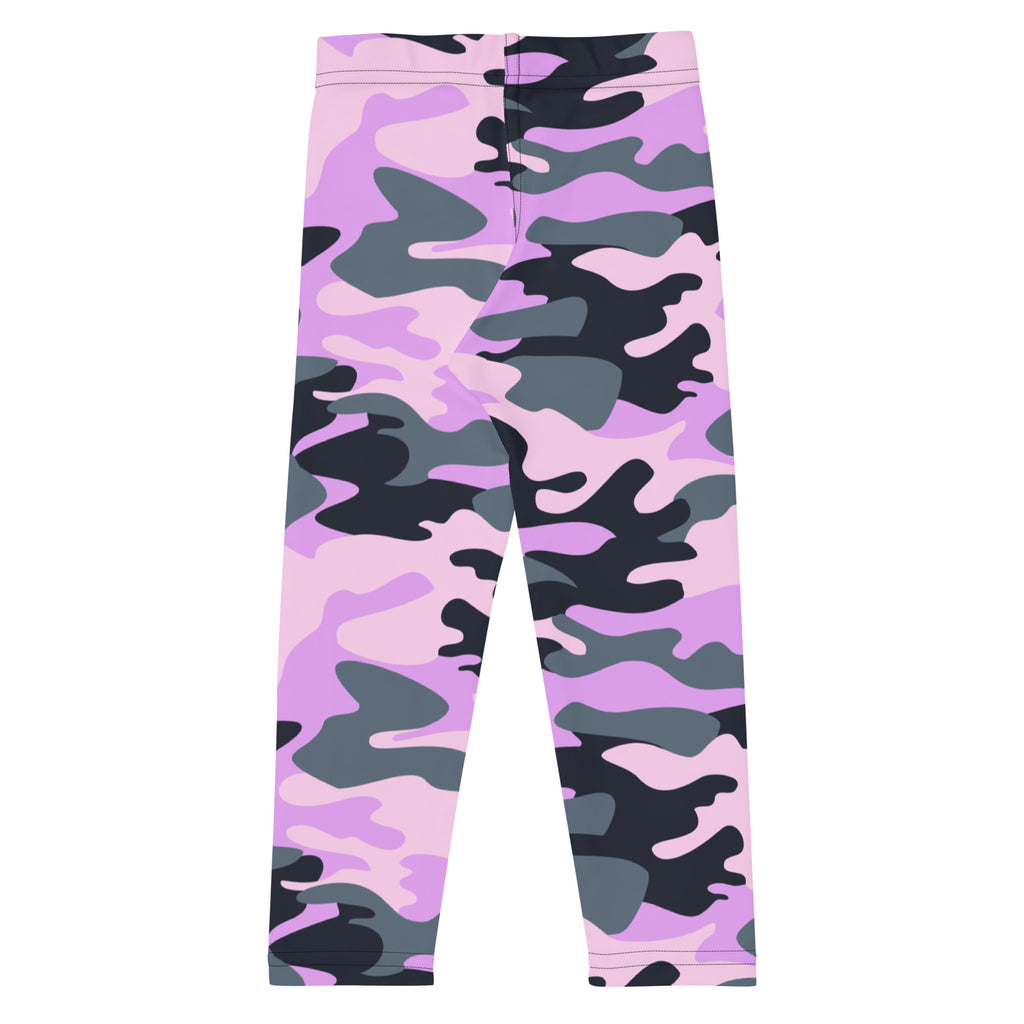 Girls purple camouflage buttery soft leggings in pink gray and black with a comfortable stretchy fit