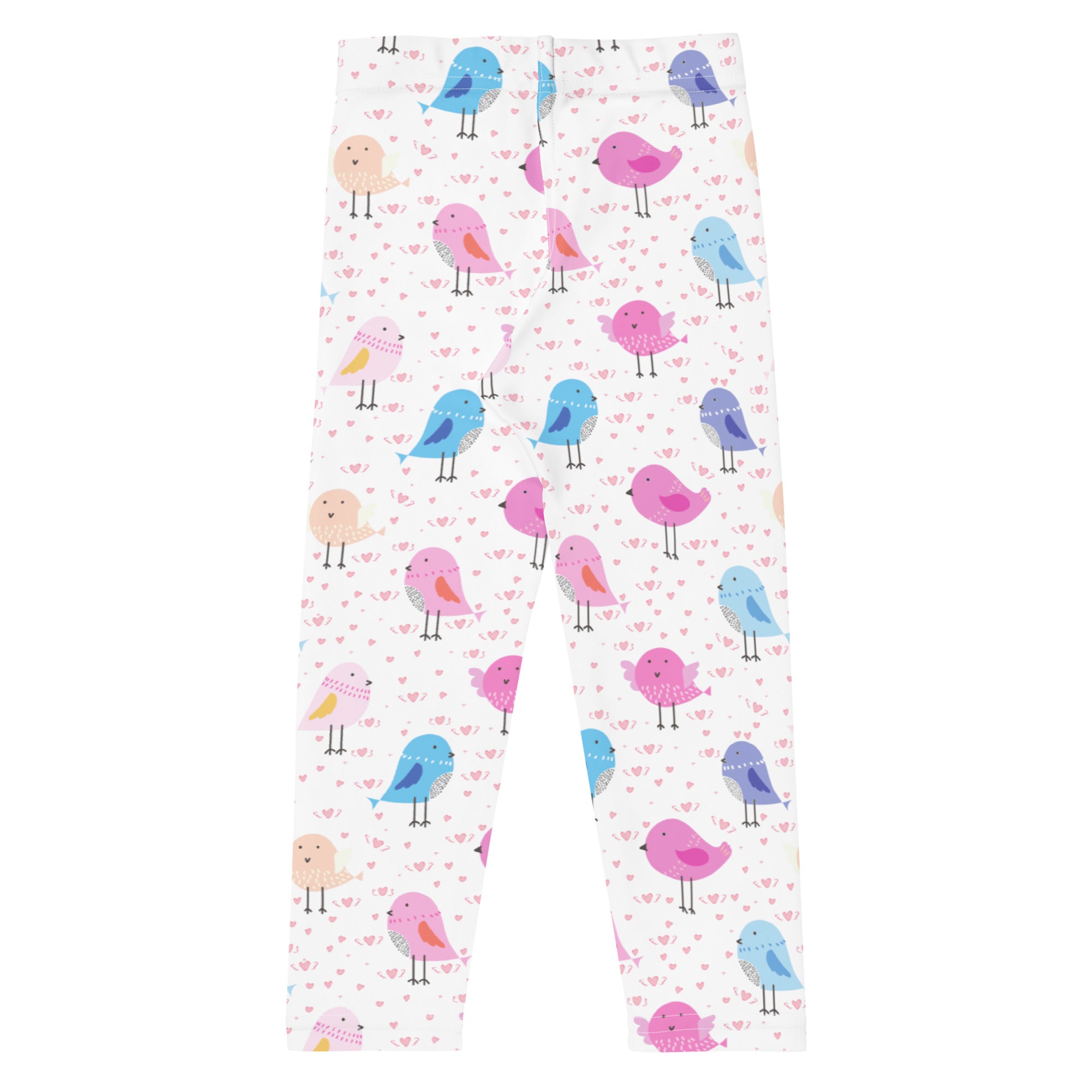 Girls colorful birds buttery soft white leggings with playful pink blue and beige cartoon bird pattern and hearts