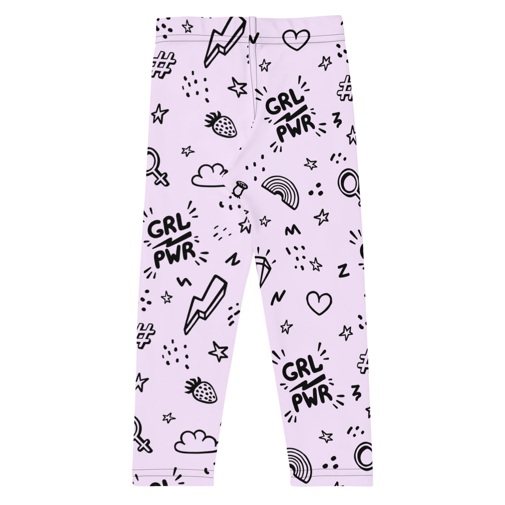 Lilac girl power kids buttery soft leggings with playful black doodle pattern including grl pwr text and icons