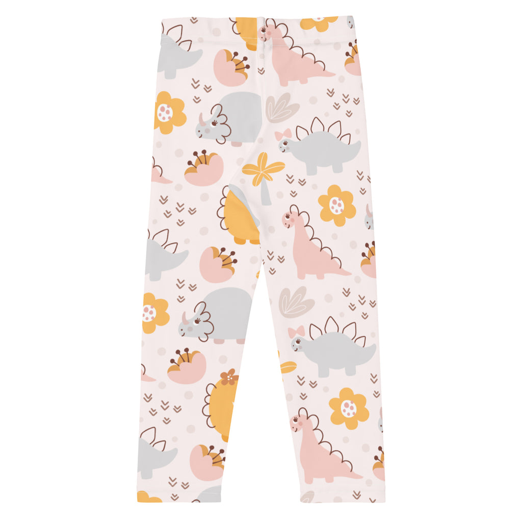 Girls floral dinosaur buttery soft leggings with pastel pink gray and yellow dinosaur and flower pattern on white background