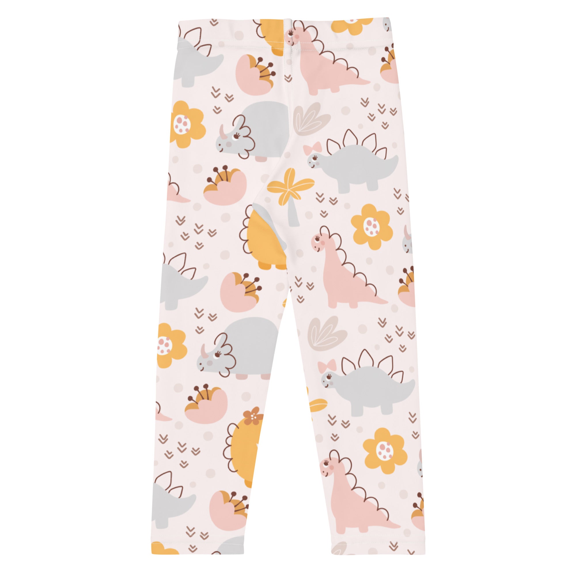 Girls floral dinosaur buttery soft leggings with pastel pink gray and yellow dinosaur and flower pattern on white background