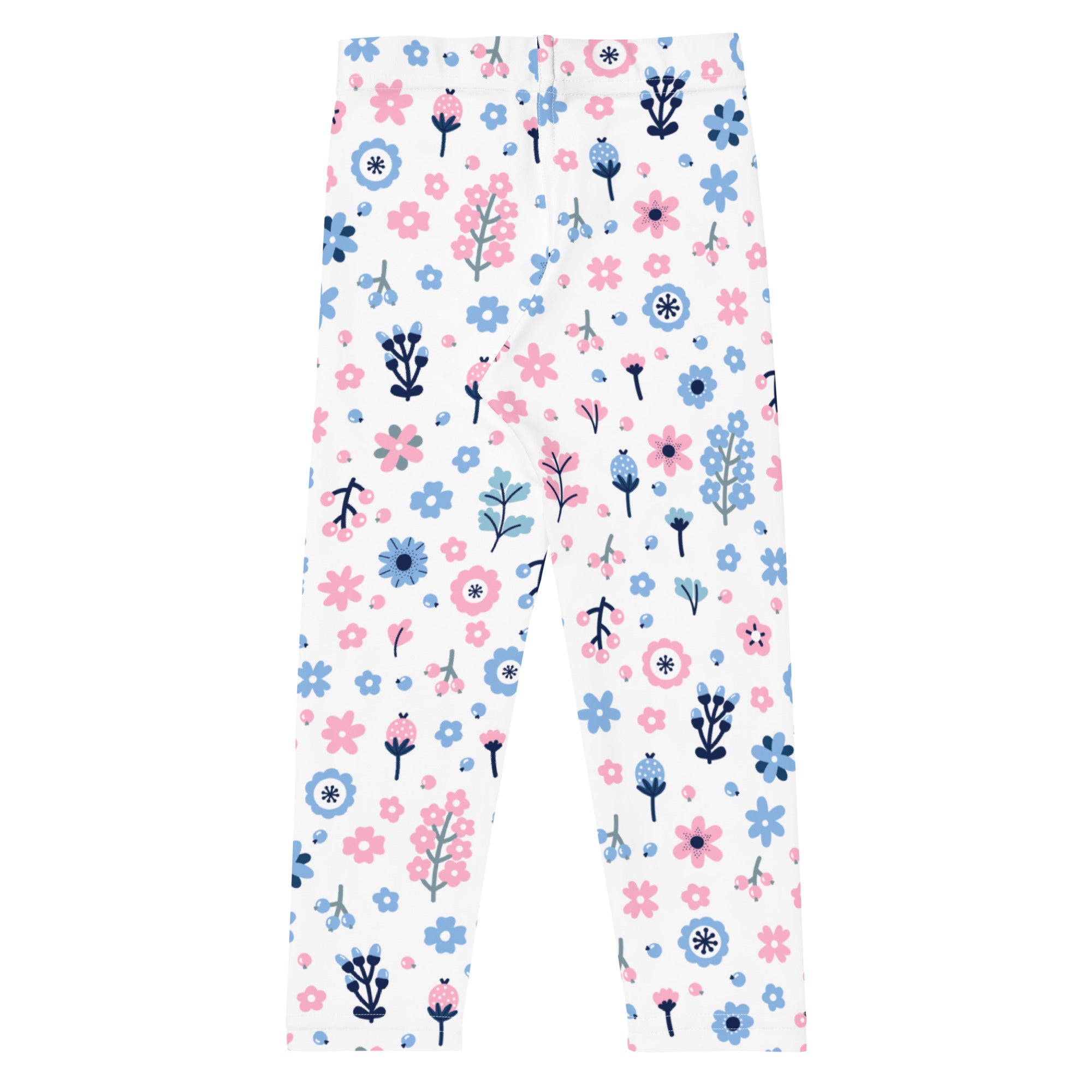 Girls floral purple and blue flowers buttery soft white leggings with playful pink and blue floral pattern and green stems