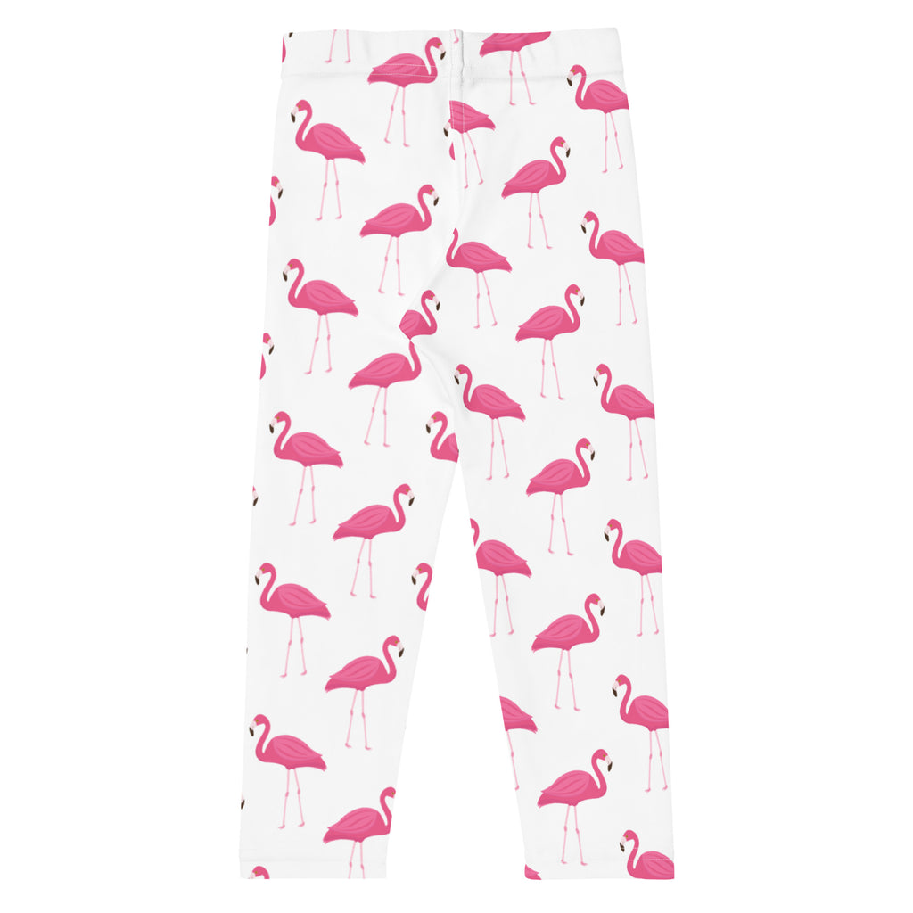 White kids leggings with a vibrant pink flamingo pattern made of buttery soft fabric for comfortable wear