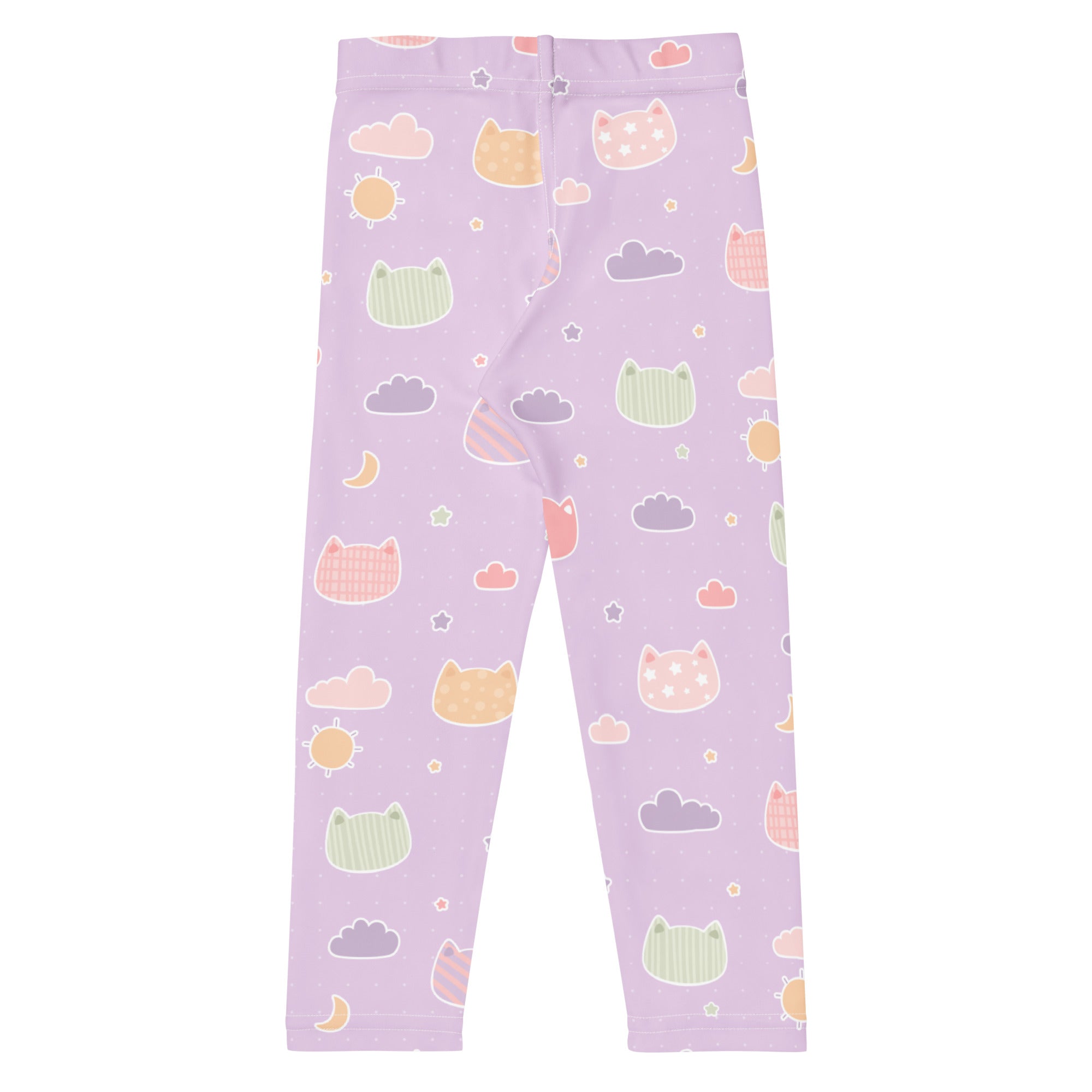 Girls pastel purple kawaii cats and clouds buttery soft leggings with colorful cartoon cats suns moons and clouds pattern