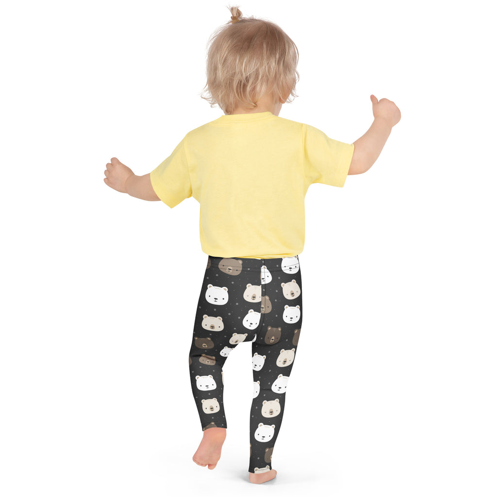 Girls bear face buttery soft black leggings with playful white and brown bear faces pattern on dark background