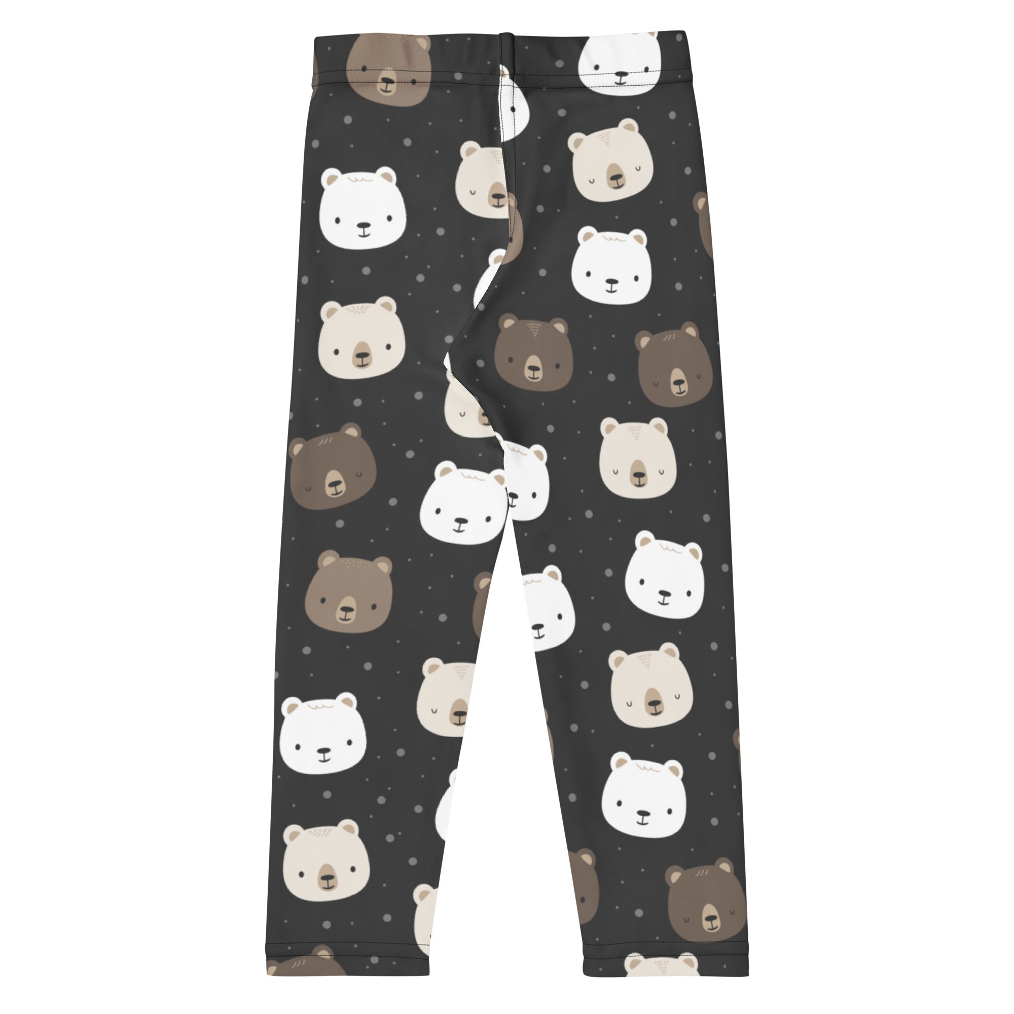 Girls bear face buttery soft black leggings with playful white beige and brown cartoon bear pattern on dark background