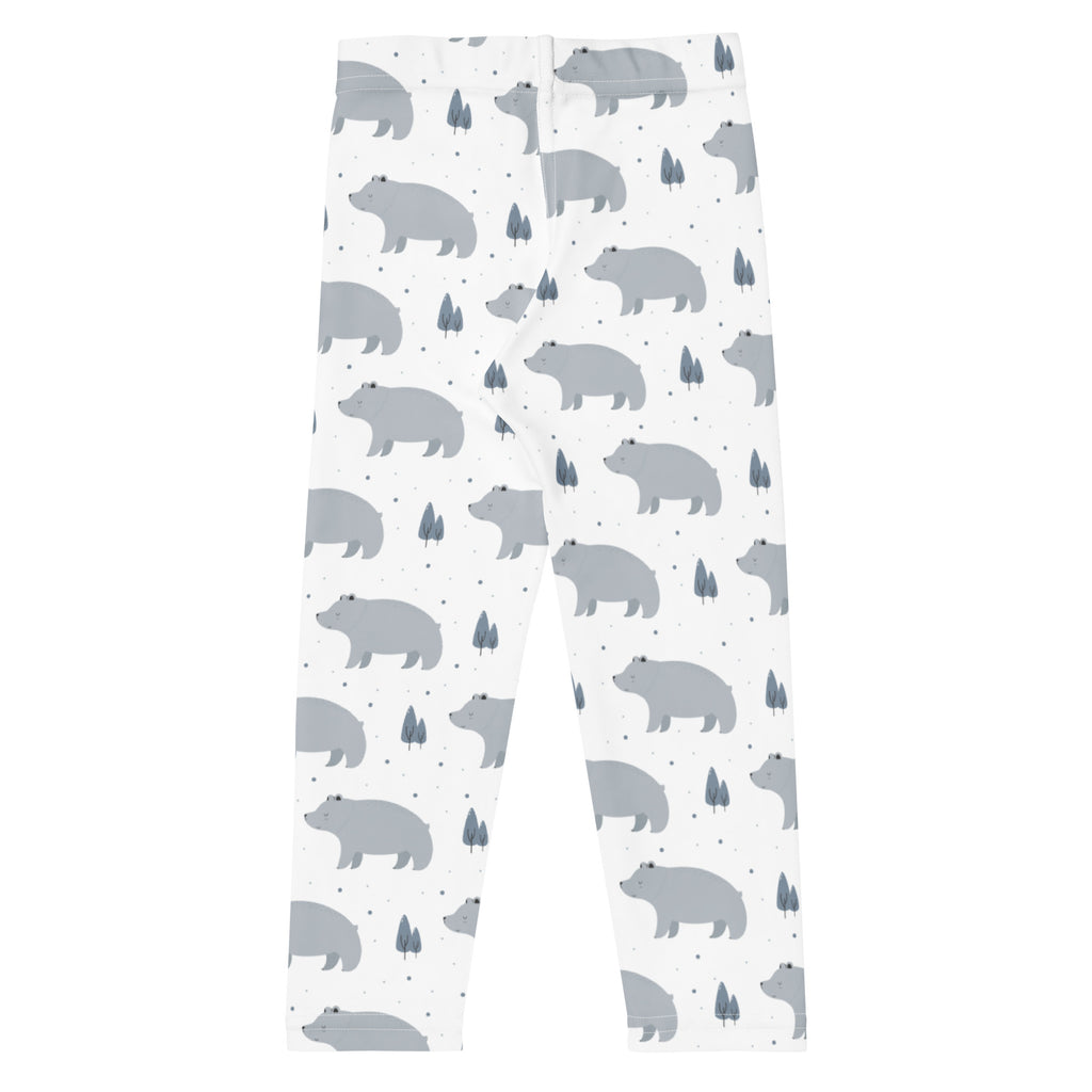 Girls polar bear buttery soft white leggings with a playful gray bear and tree pattern for casual wear