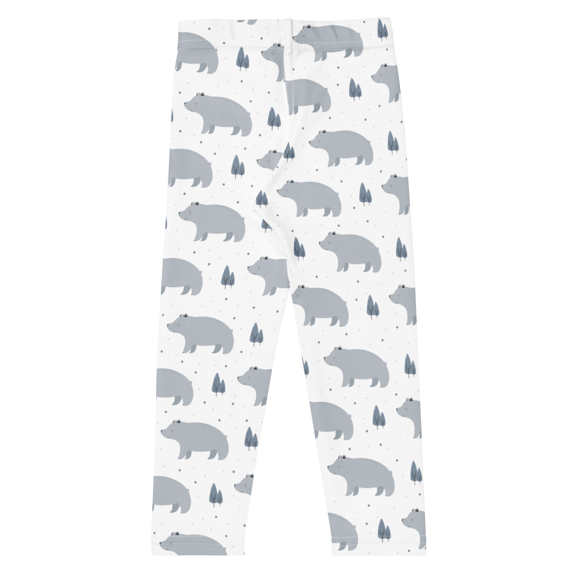 Girls polar bear buttery soft white leggings with a playful gray bear and tree pattern for casual wear