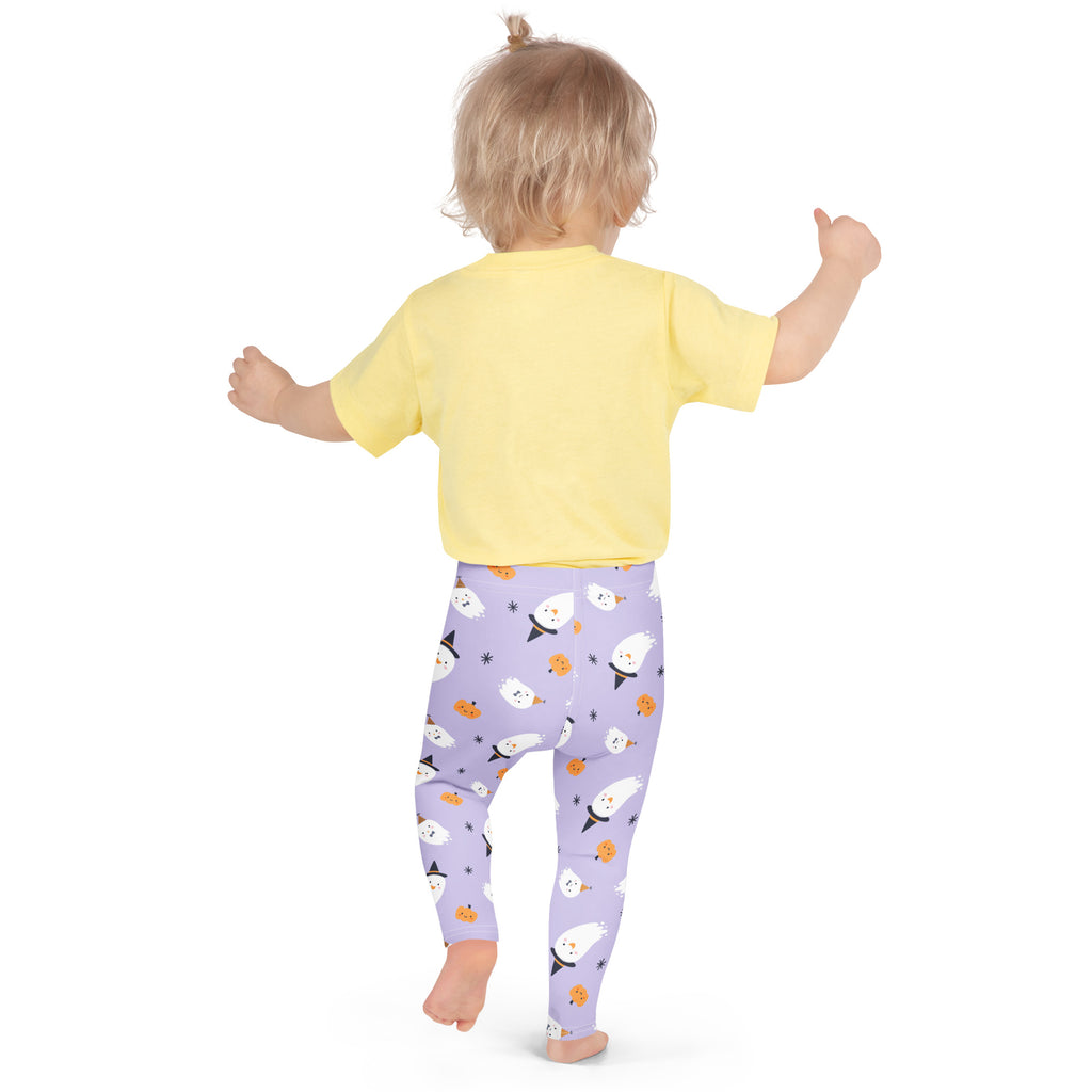 Purple girls ghost witch buttery soft leggings with white ghost top hats and orange pumpkin pattern