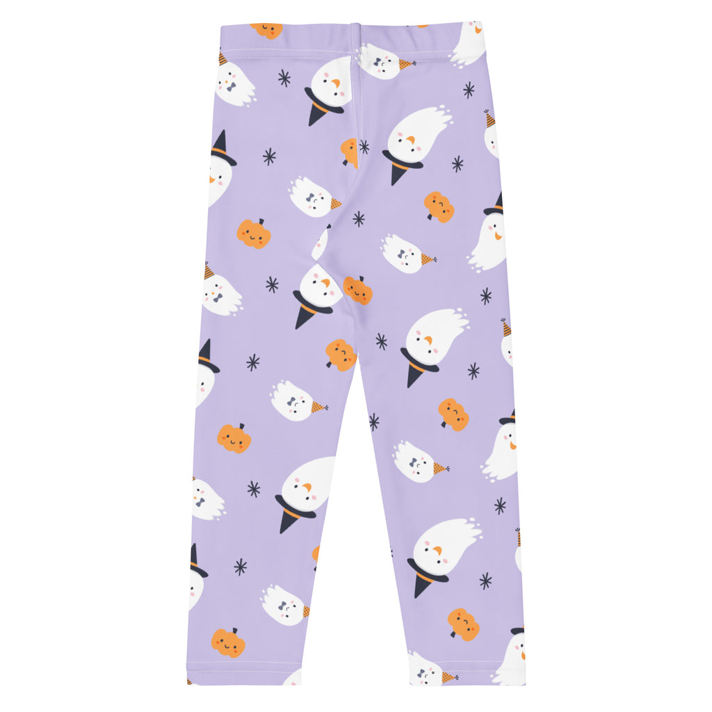 Girls ghost witch buttery soft leggings in lilac with white ghost and orange pumpkin pattern for playful style