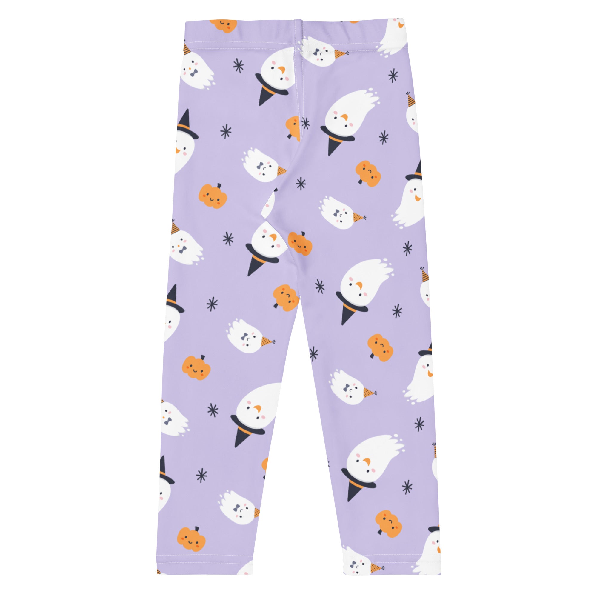 Girls ghost witch buttery soft leggings in lilac with white ghost and orange pumpkin pattern for playful style