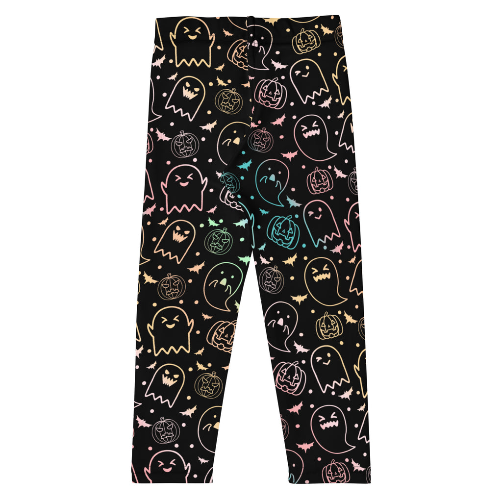 Black leggings with colorful Halloween ghost, pumpkin, and bat pattern on a white background