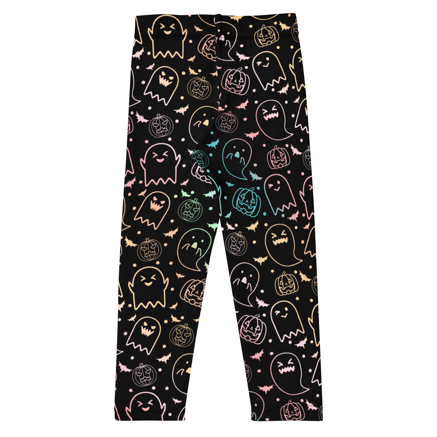 Black leggings with colorful Halloween ghost, pumpkin, and bat pattern on a white background