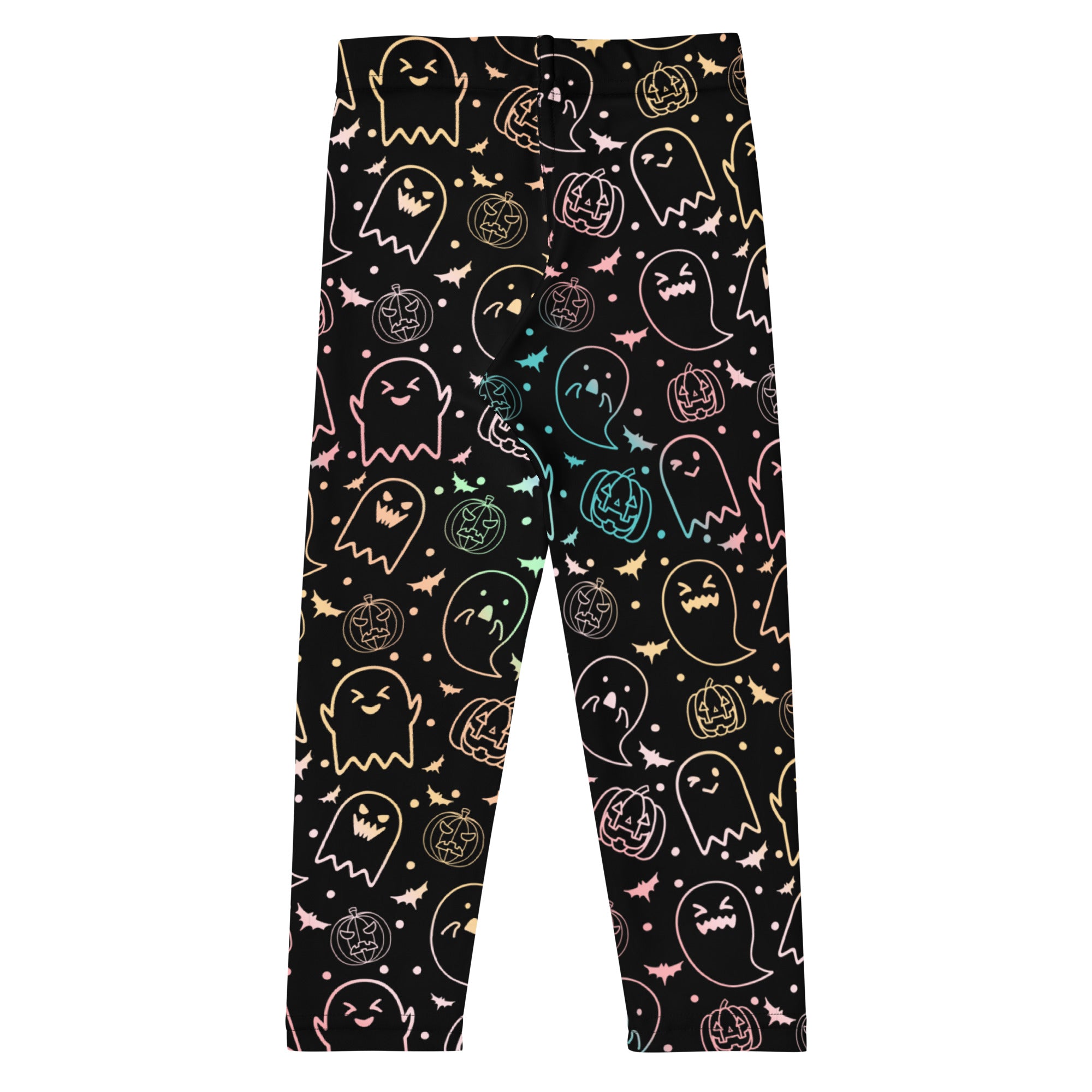 Black leggings with colorful Halloween ghost, pumpkin, and bat pattern on a white background