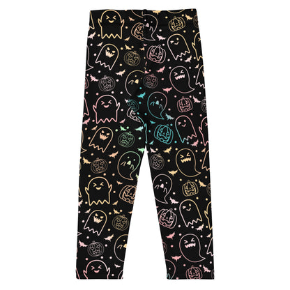 Black leggings with colorful Halloween ghost, pumpkin, and bat pattern on a white background