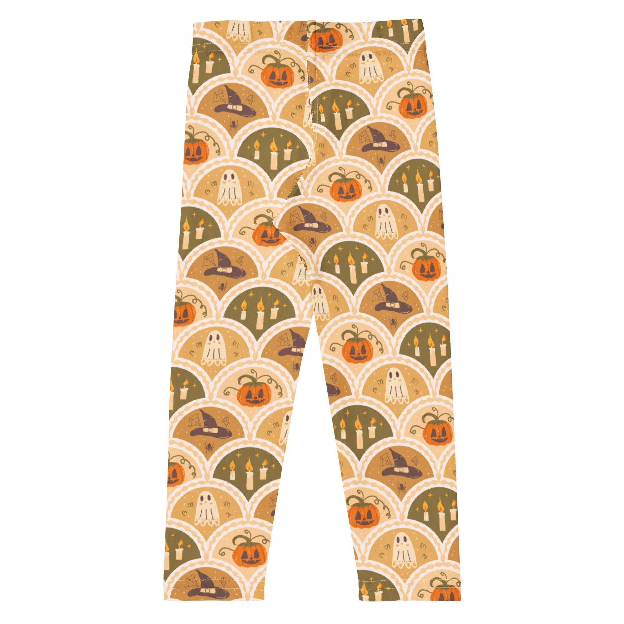 Kids autumn themed halloween buttery soft leggings in orange olive green and cream with pumpkins ghosts and witch hats pattern