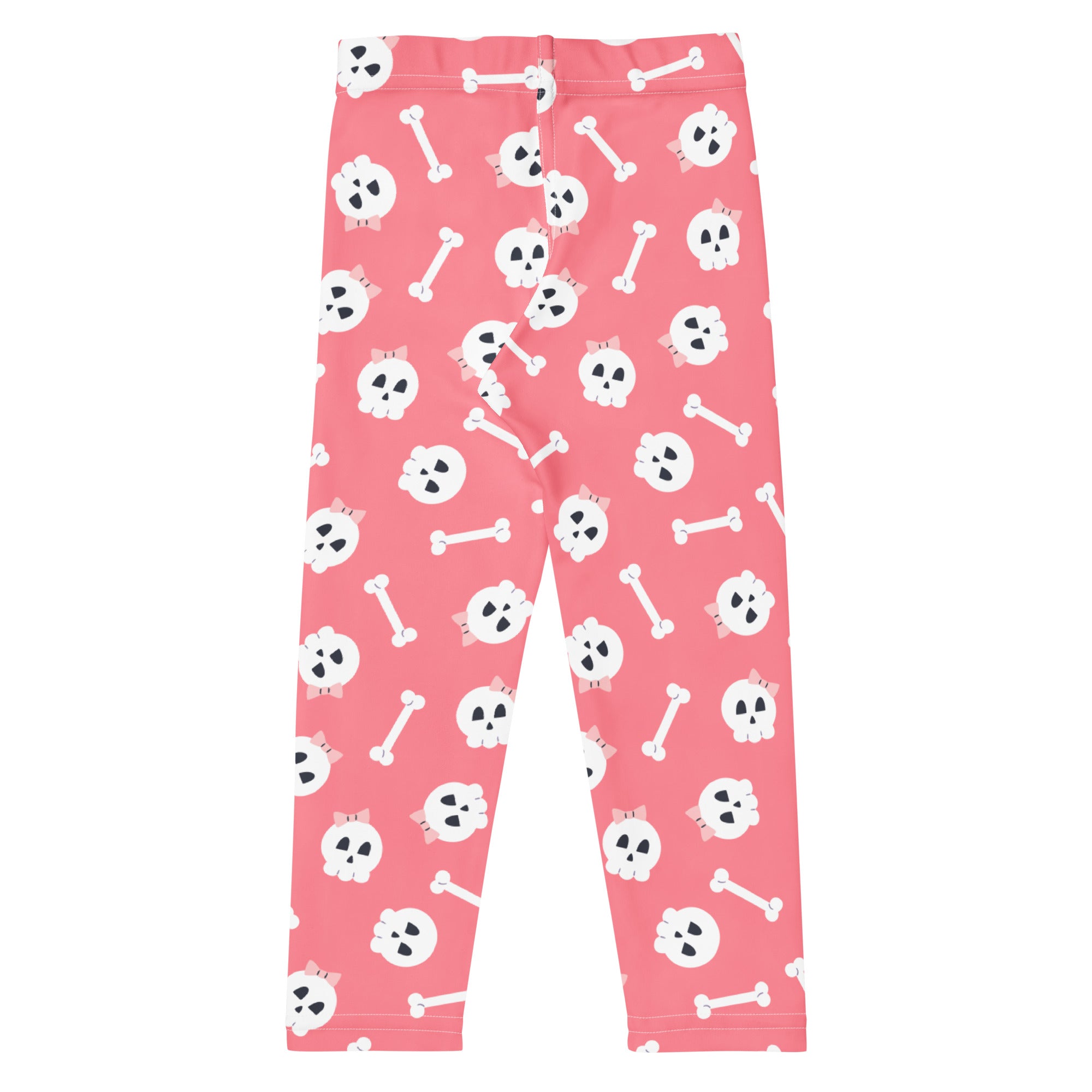 Girls pink skull Halloween buttery soft leggings with playful white skulls, pink bows, and bone motifs pattern