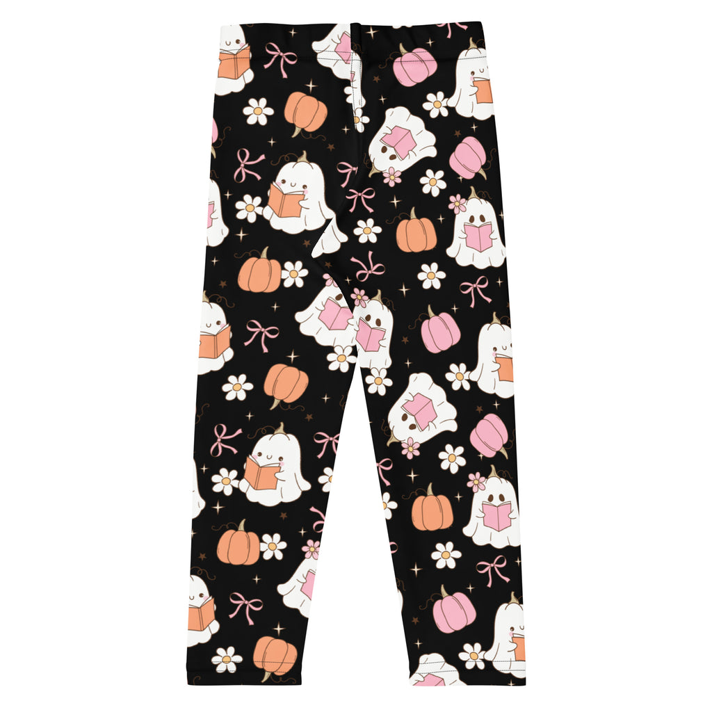 Girls reading ghosts leggings in black buttery soft fabric with white ghost and orange pumpkin halloween pattern