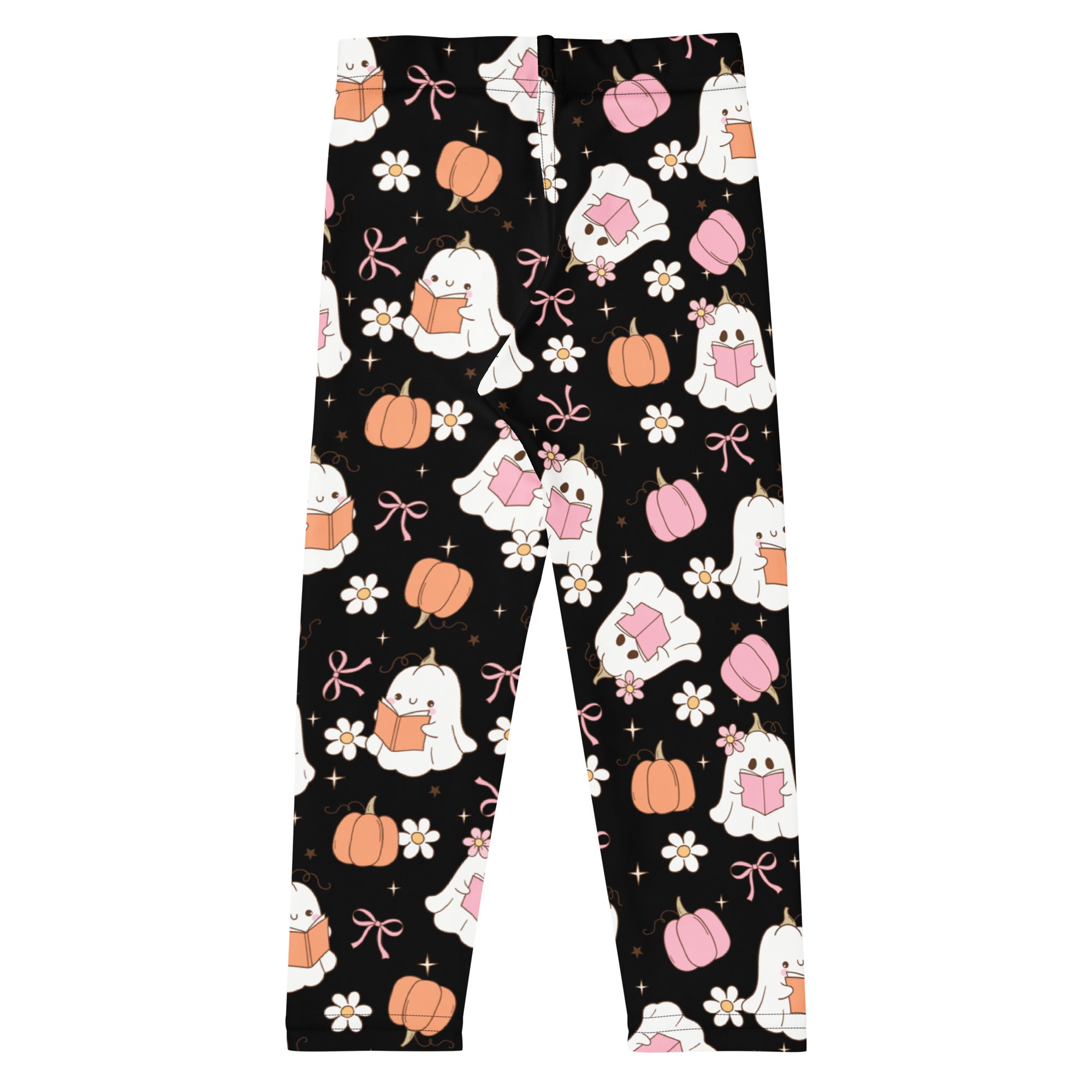 Girls reading ghosts leggings in black buttery soft fabric with white ghost and orange pumpkin halloween pattern