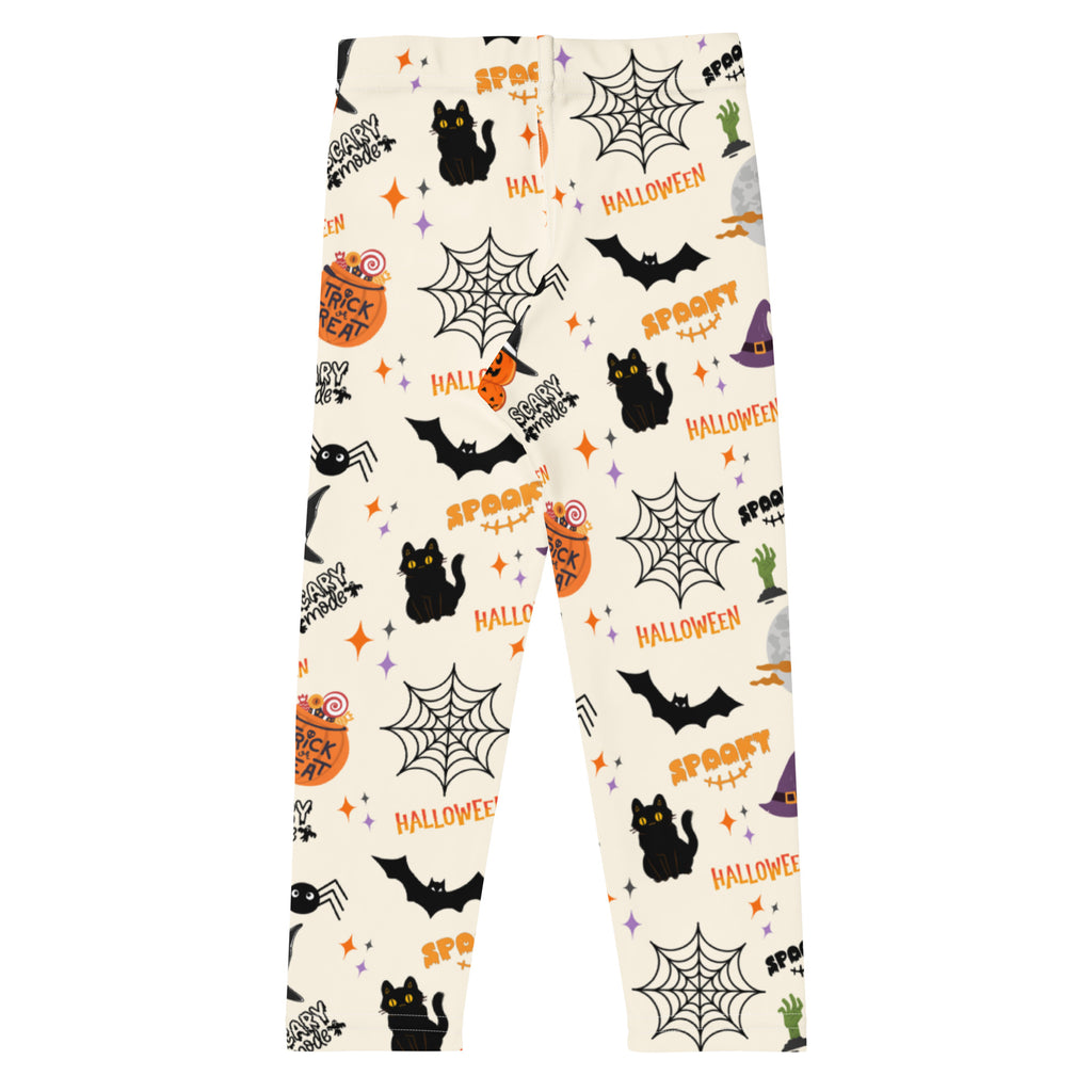 Kids trick-or-treat halloween buttery soft leggings in cream with black cats bats spiderwebs pumpkins and trick or treat text