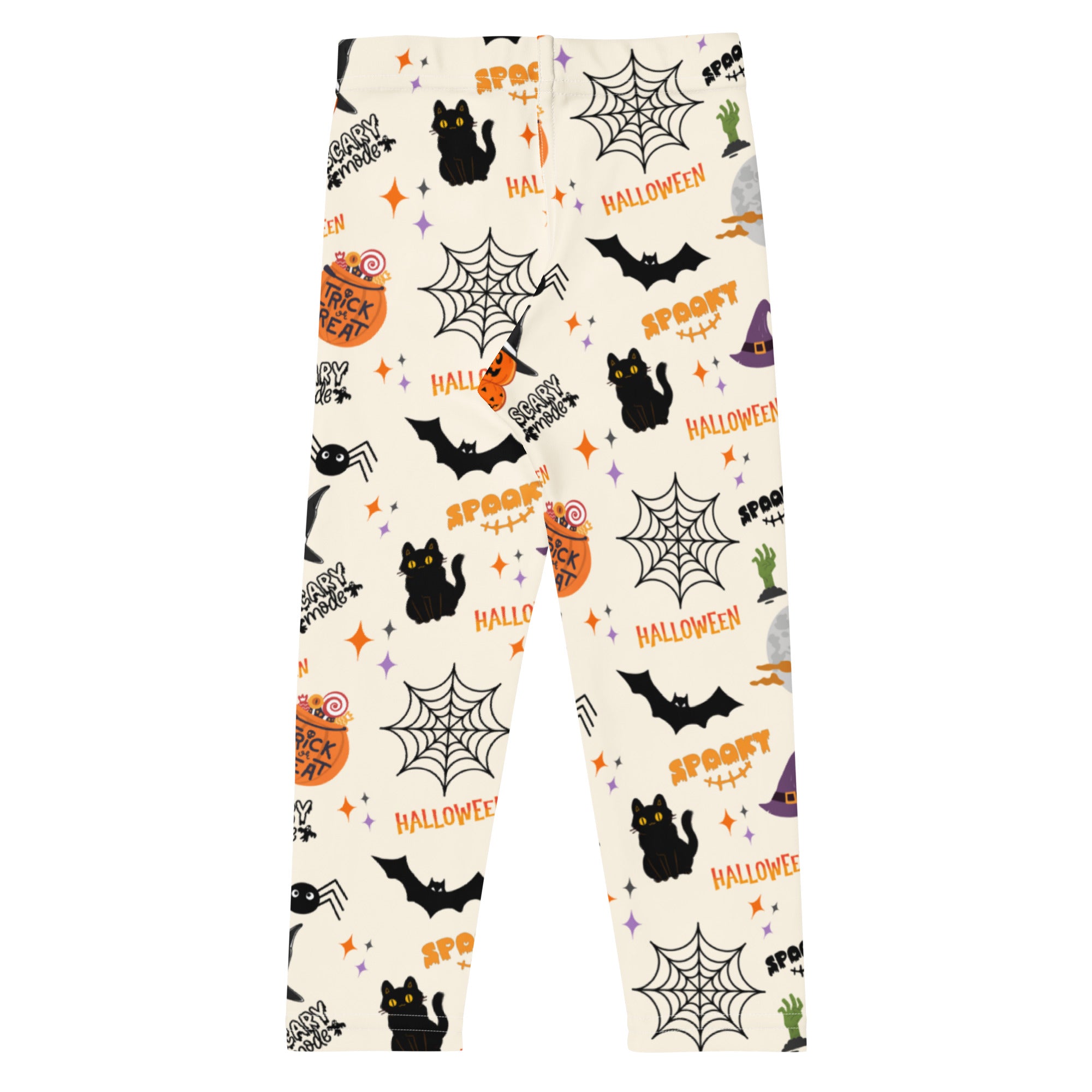 Kids trick-or-treat halloween buttery soft leggings in cream with black cats bats spiderwebs pumpkins and trick or treat text