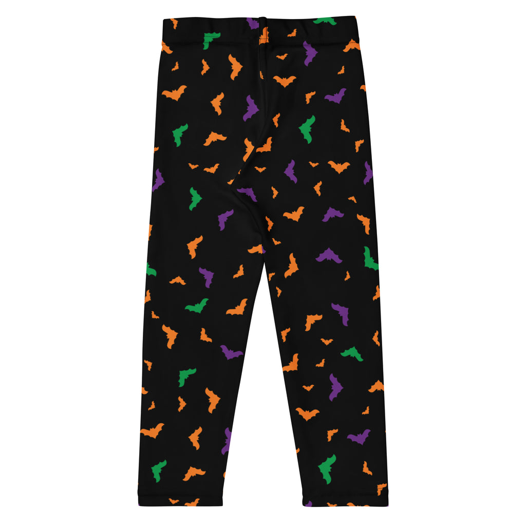Black buttery soft kids leggings with playful orange purple and green bat print for Halloween festivities
