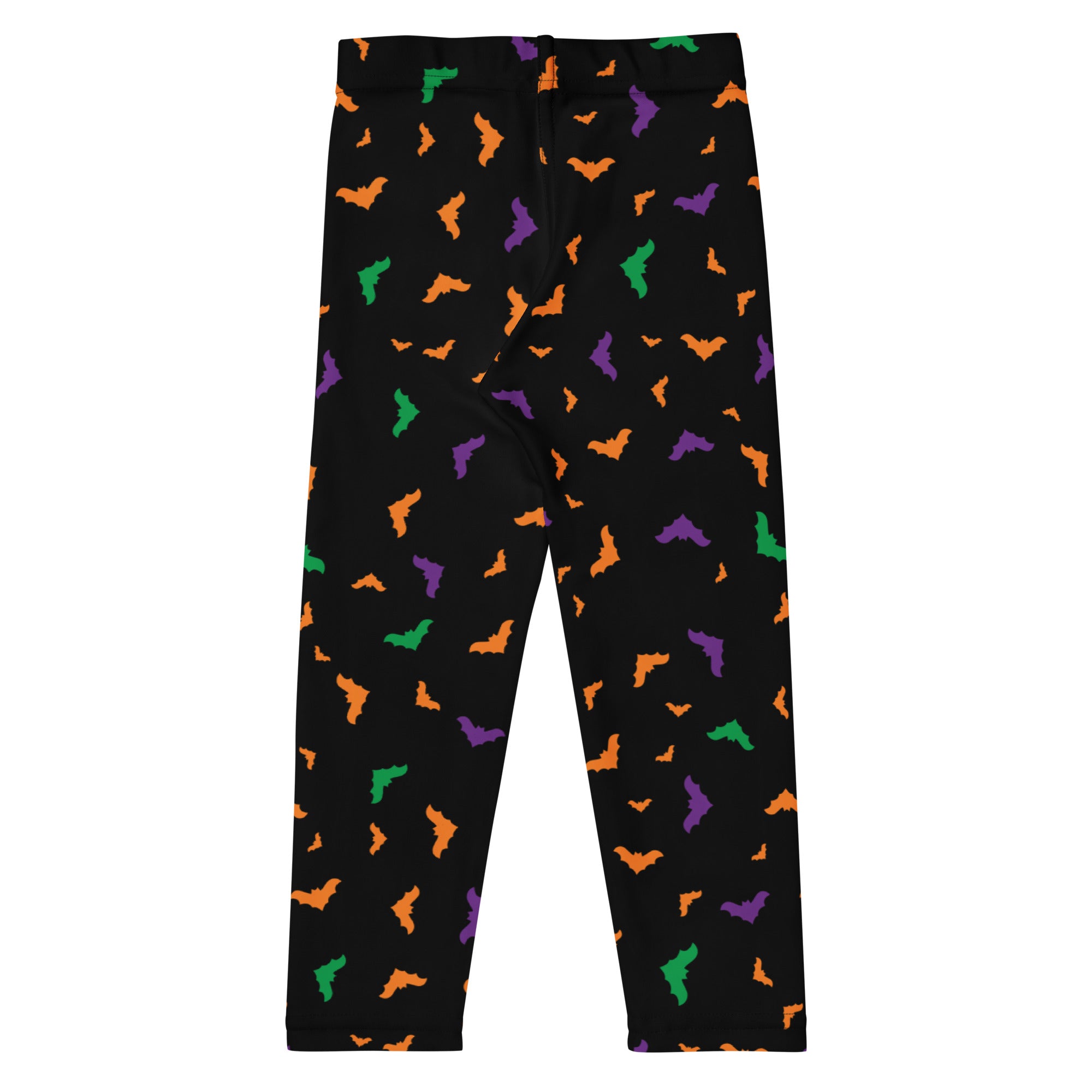 Black buttery soft kids leggings with playful orange purple and green bat print for Halloween festivities