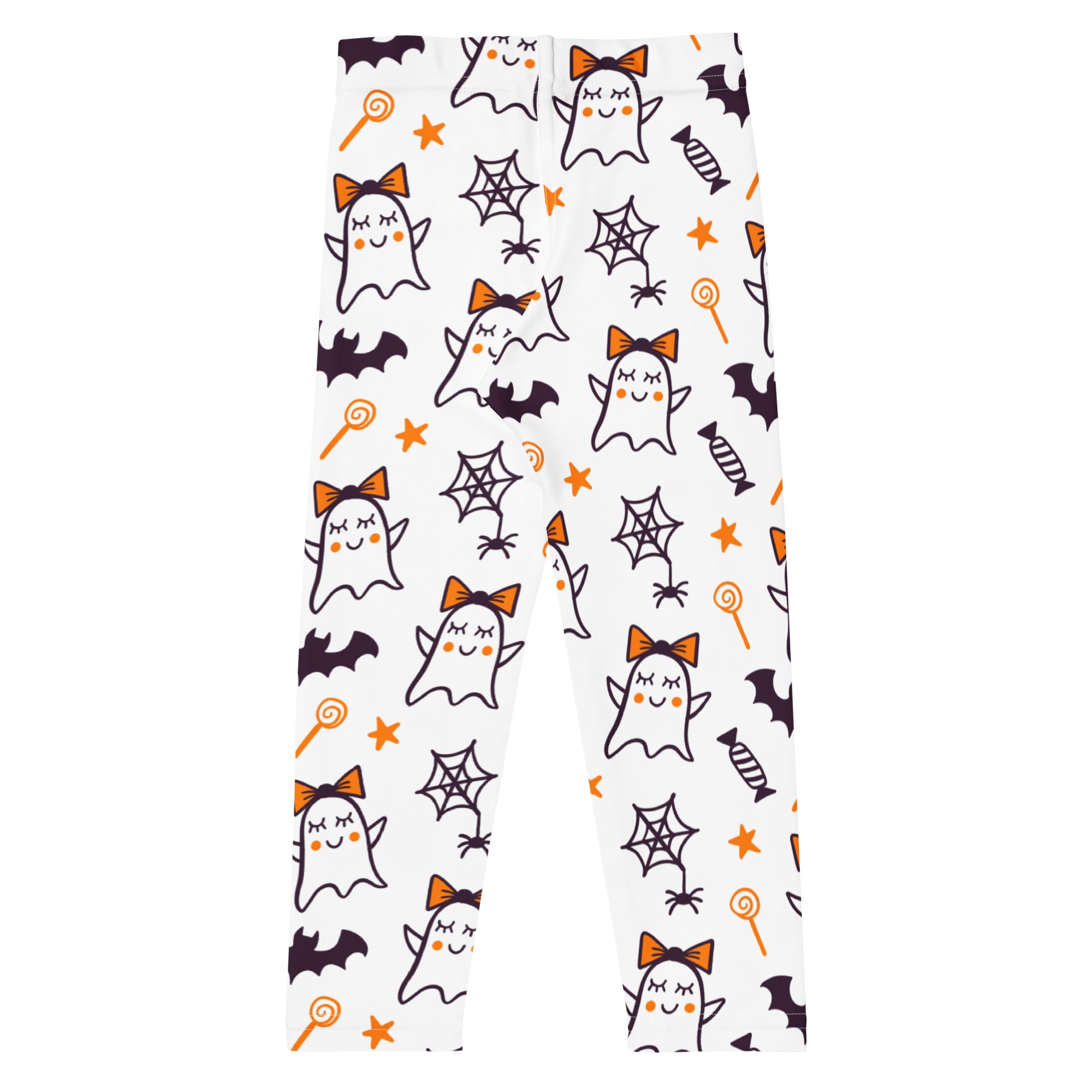 Girls cute ghost bow buttery soft white leggings with halloween cartoon ghosts orange bows bats candy canes and spiders
