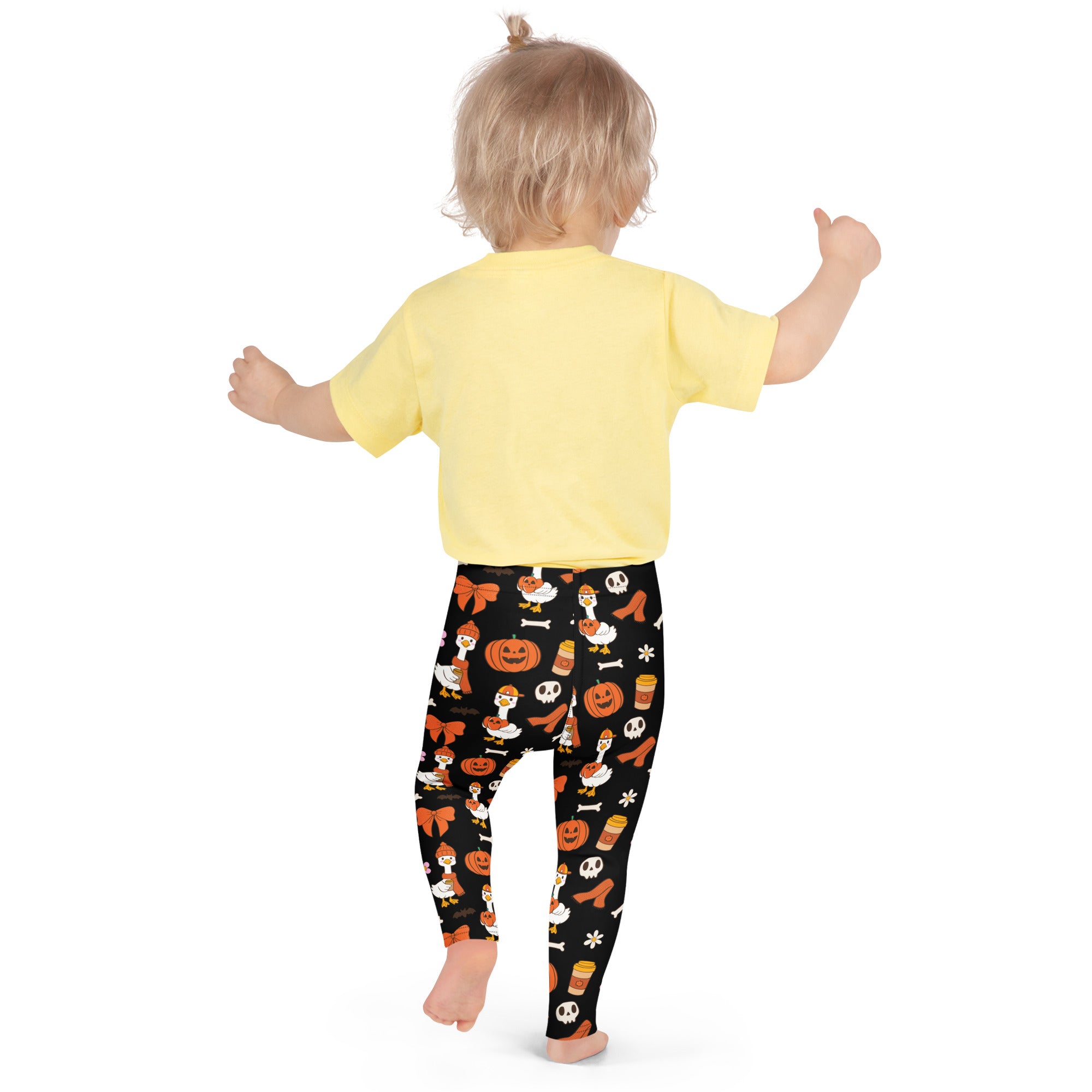 Kids goose halloween buttery soft black leggings with orange pumpkins white skulls and cartoon ducks with bows