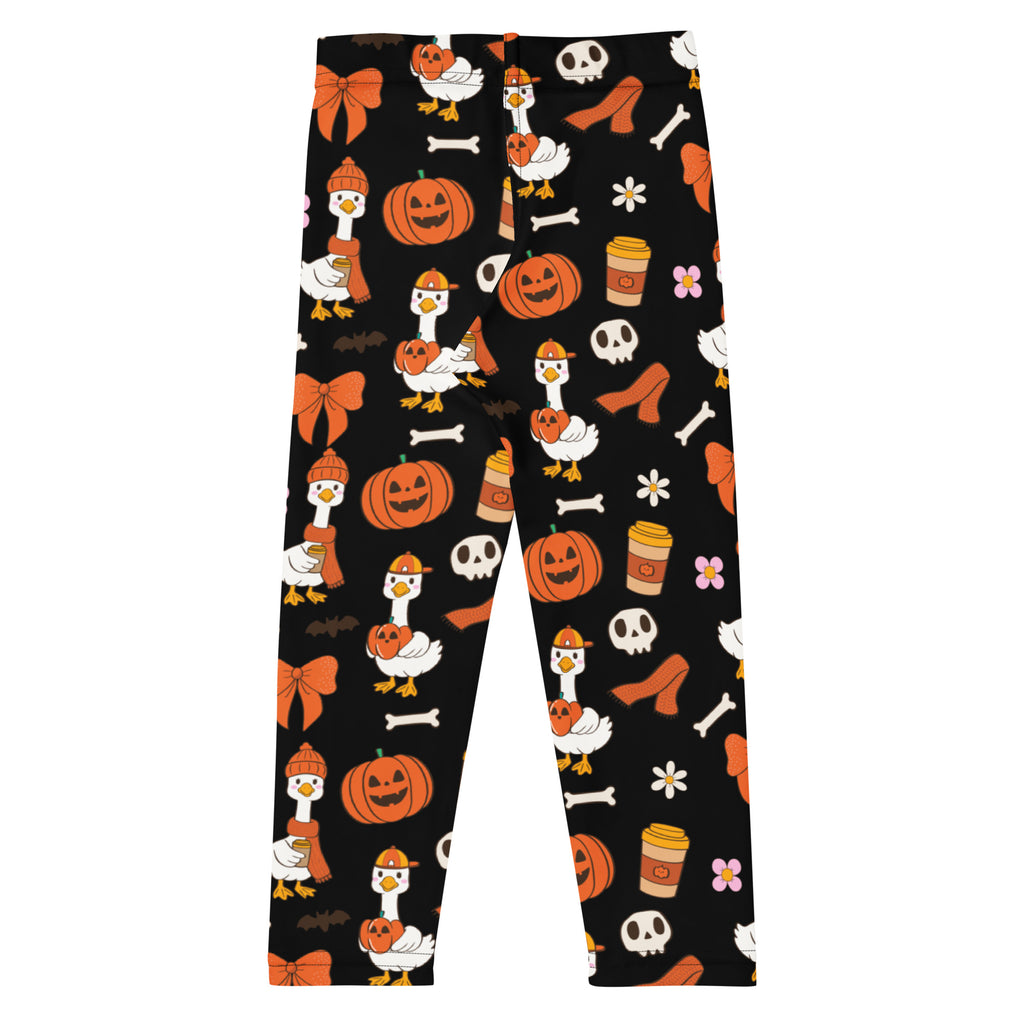 Kids goose halloween buttery soft black leggings with orange pumpkins white ducks skulls bones and coffee cups pattern