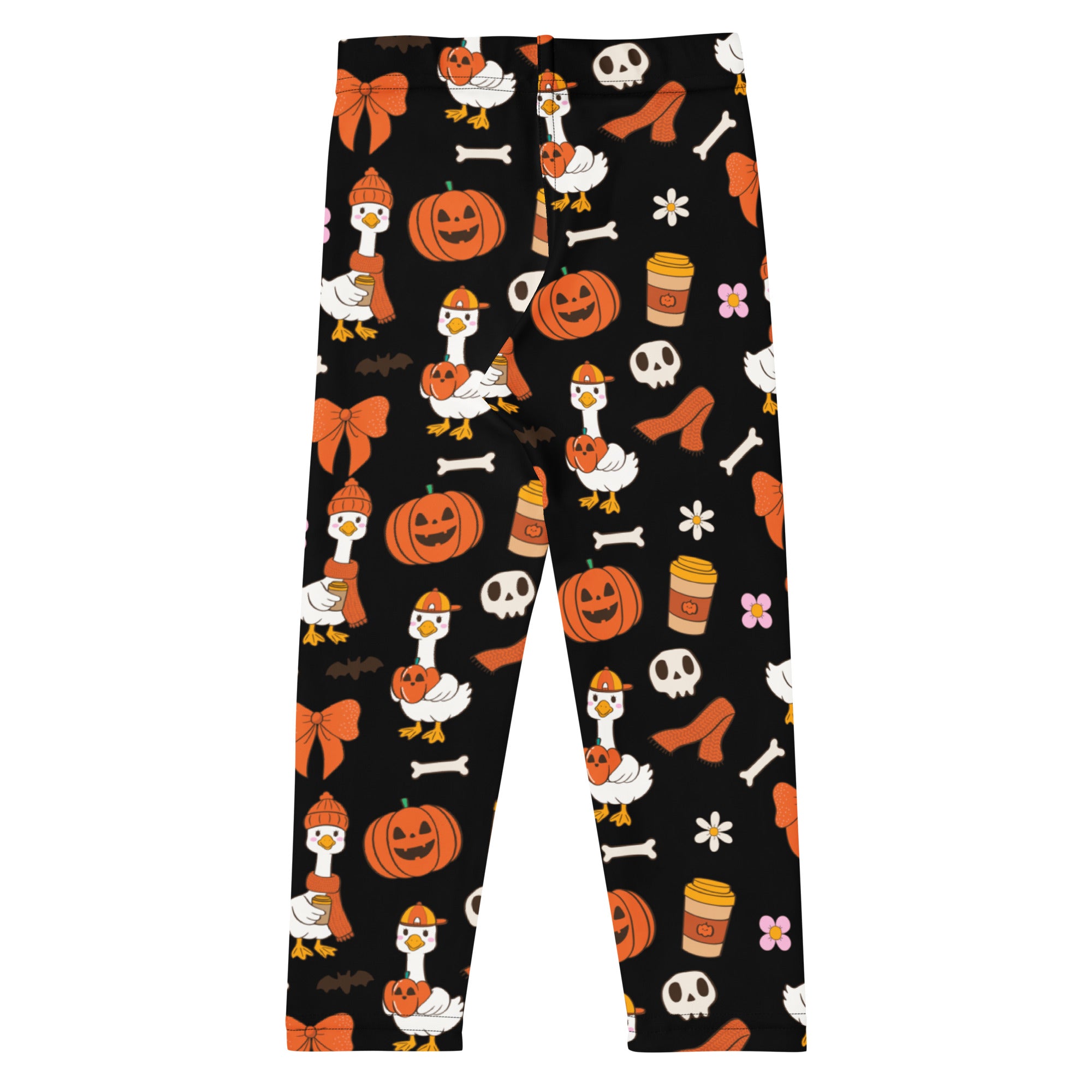 Kids goose halloween buttery soft black leggings with orange pumpkins white ducks skulls bones and coffee cups pattern