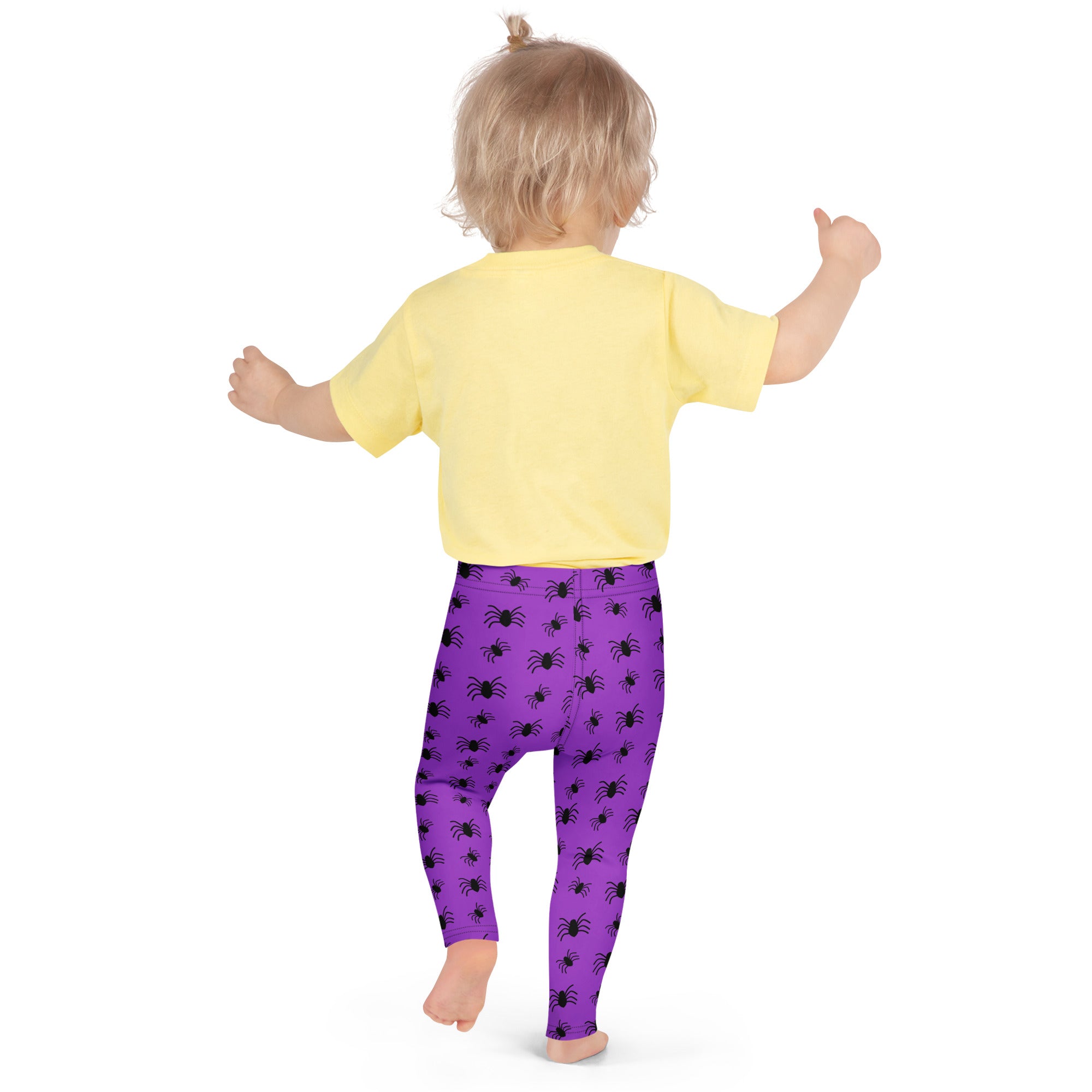 Kids purple spider halloween buttery soft leggings in purple with black spider pattern perfect for festive wear