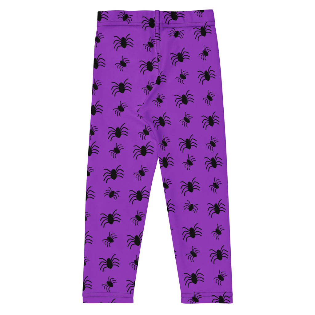 Kids purple spider halloween buttery soft leggings with black spider silhouette pattern on purple fabric