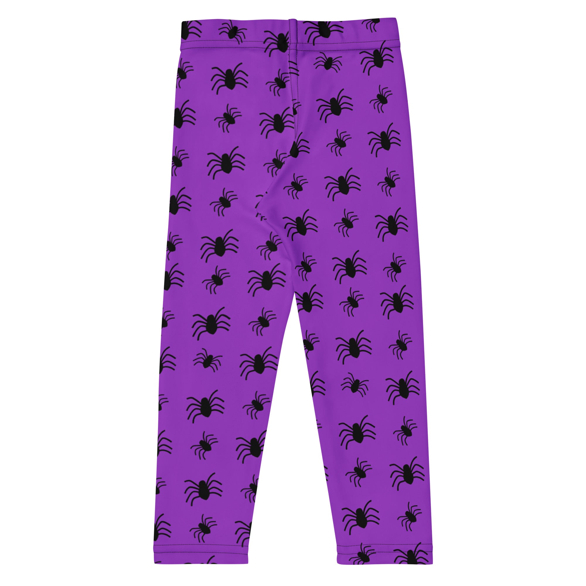 Kids purple spider halloween buttery soft leggings with black spider silhouette pattern on purple fabric