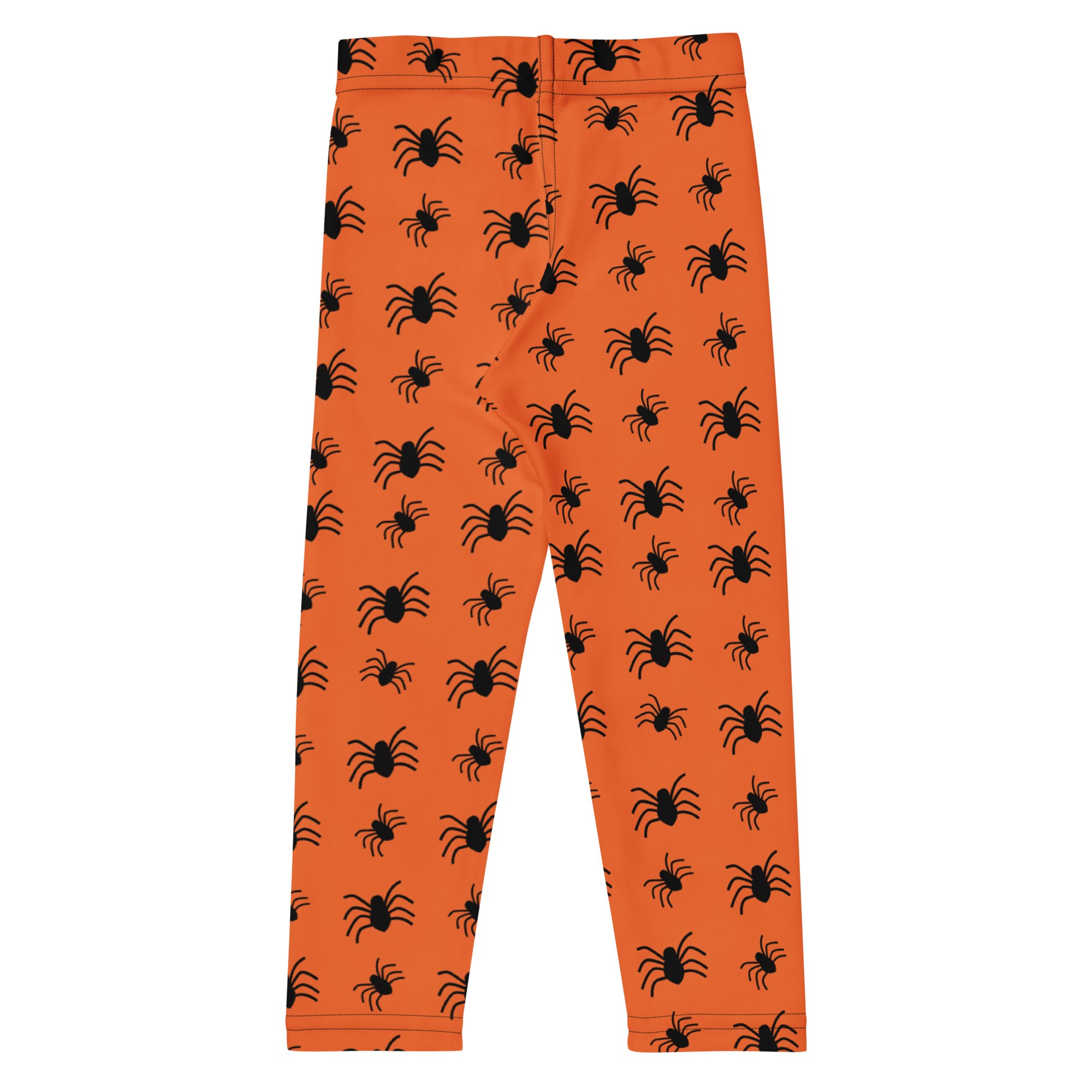 Kids orange buttery soft leggings with black spider prints perfect for halloween costume or festive wear