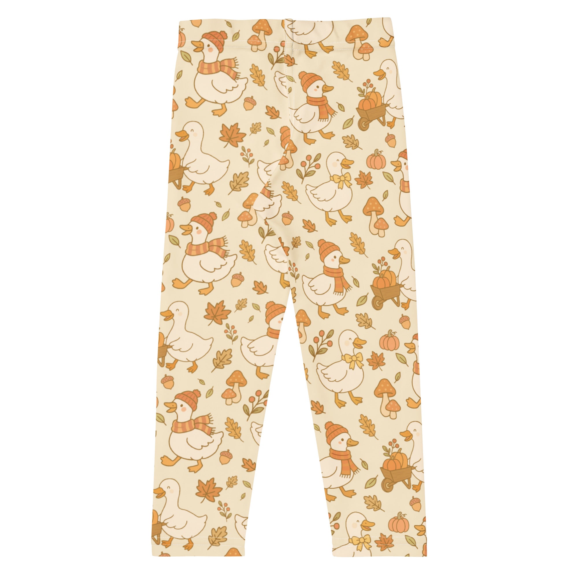 Kids fall goose buttery soft cream-colored leggings with white ducks in orange hats scarves and autumn leaves pattern