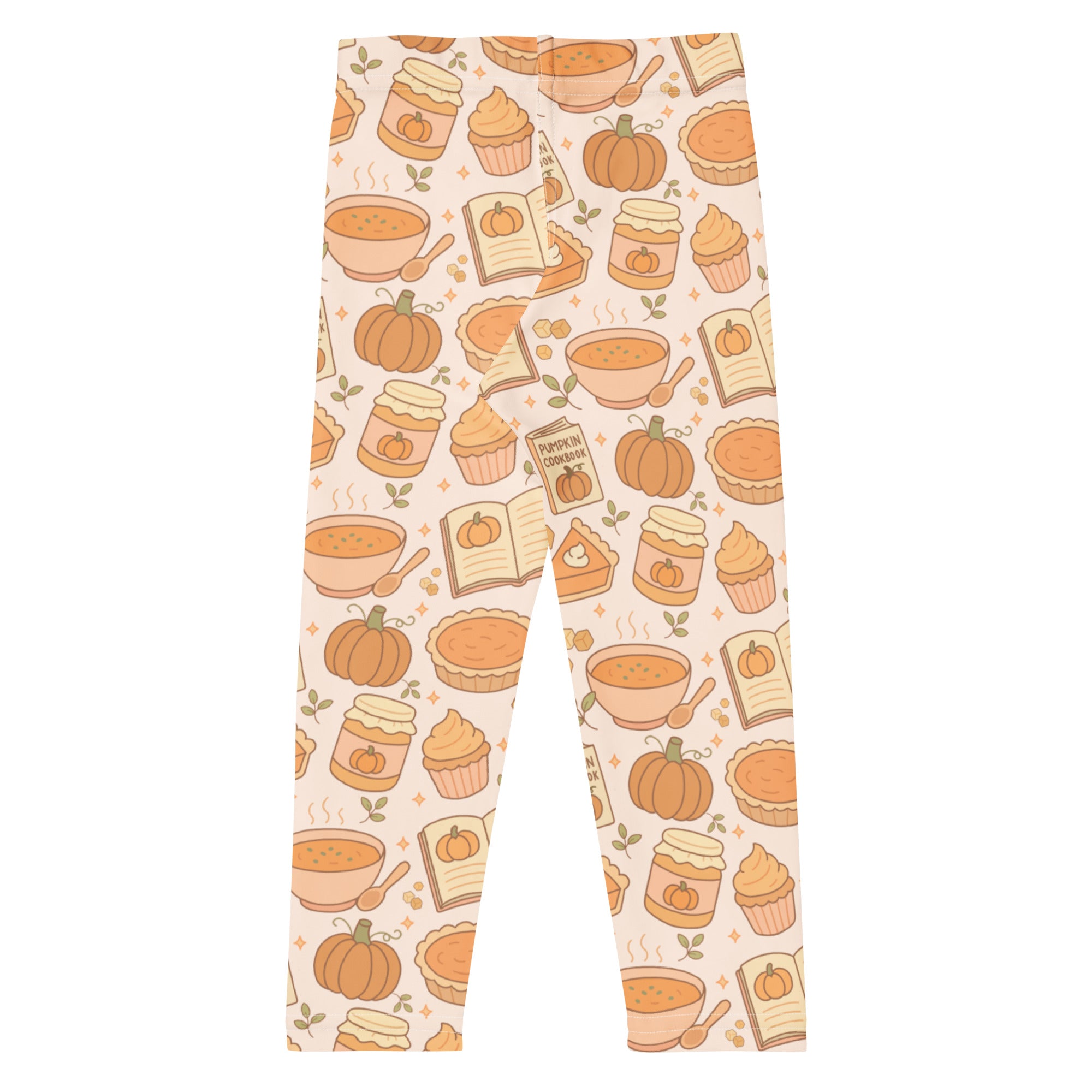 Kids pumpkin pie themed buttery soft leggings in warm orange and beige with pies soup cupcakes jars and a pumpkin cookbook design