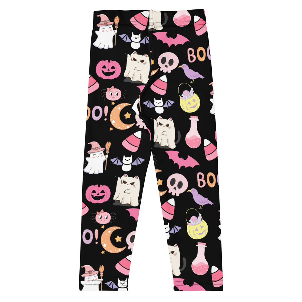 Girls cute halloween buttery soft black leggings with playful pink and white ghost and pumpkin pattern