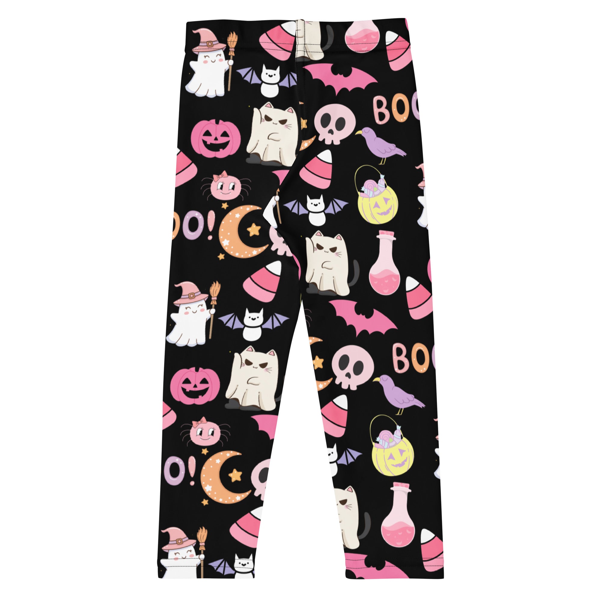 Girls cute halloween buttery soft black leggings with playful pink and white ghost and pumpkin pattern