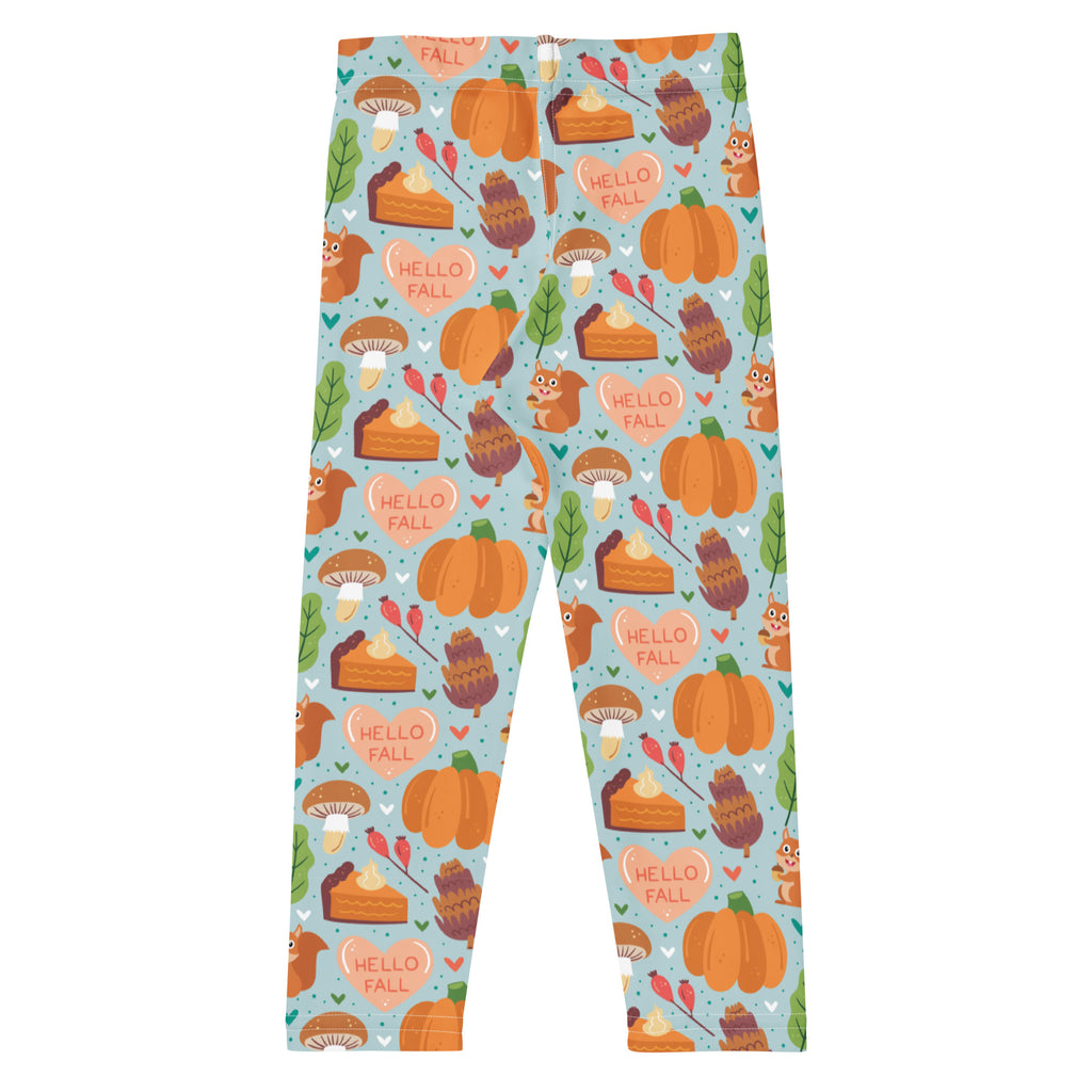 Girls hello fall autumn buttery soft light blue leggings with playful pumpkin pie mushroom squirrel and heart pattern