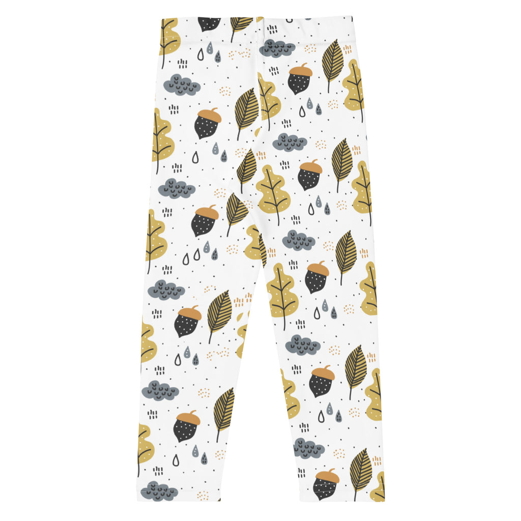 Kids fall season themed buttery soft white leggings with playful gold and black leaves acorns gray clouds and raindrops pattern